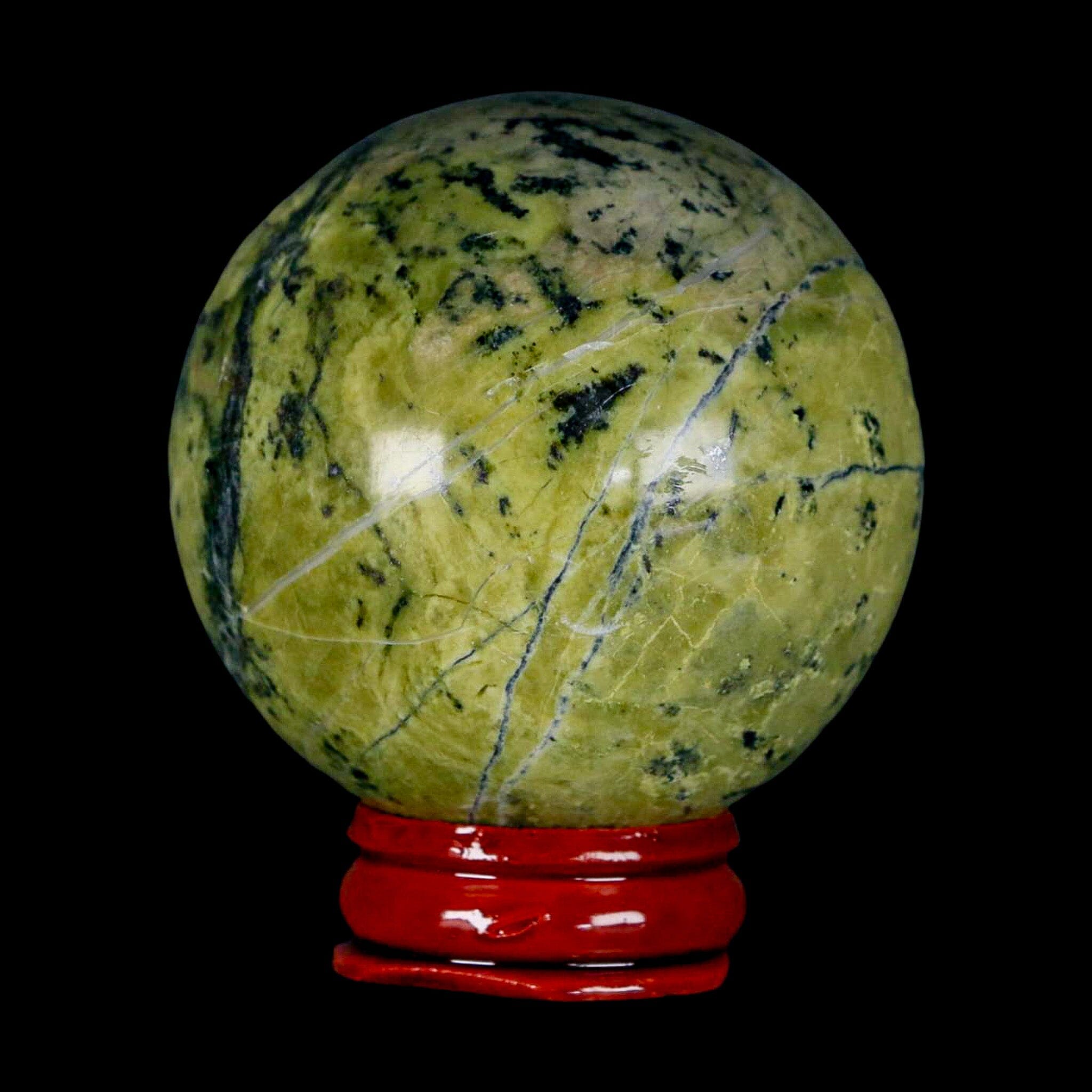 XL 54MM Natural Green & Yellow Serpentine Pyrite Sphere Ball Orb Peru Stand - Fossil Age Minerals