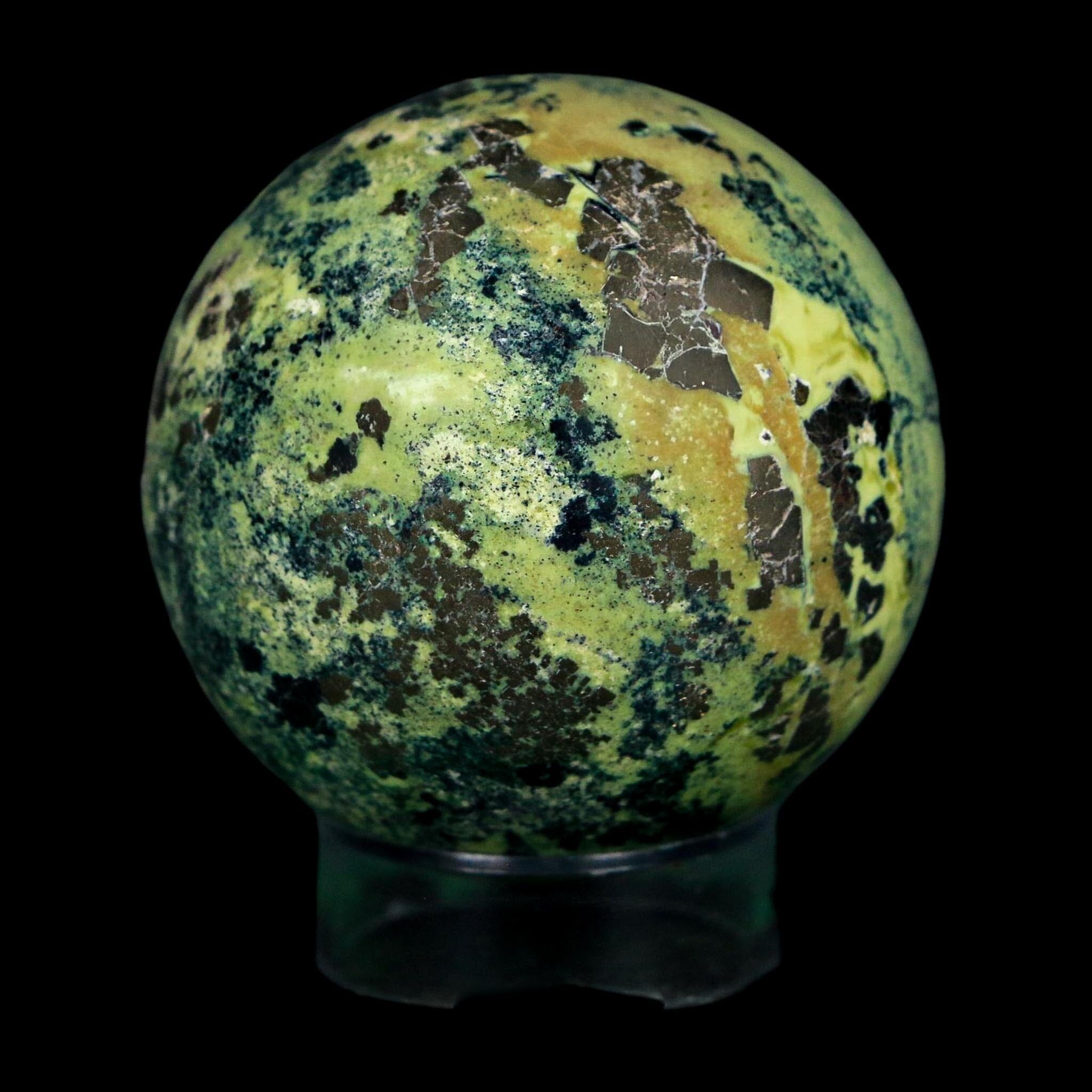 XL 53MM Natural Green & Yellow Serpentine Pyrite Sphere Ball Orb Peru Stand - Fossil Age Minerals