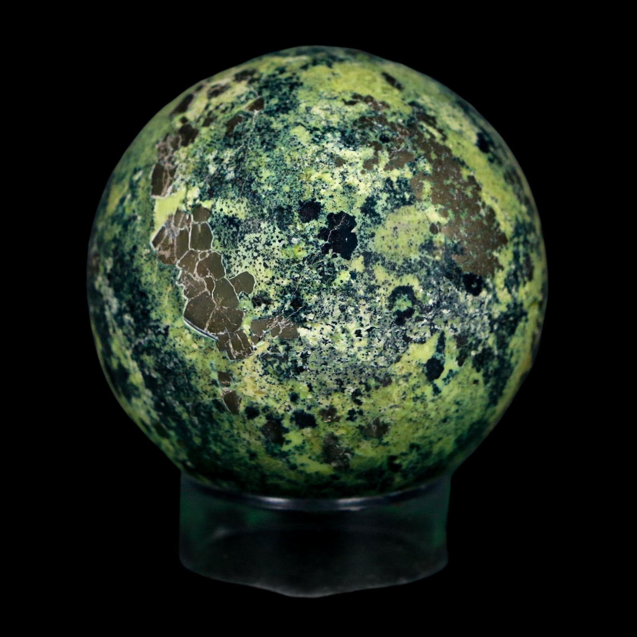 XL 53MM Natural Green & Yellow Serpentine Pyrite Sphere Ball Orb Peru Stand - Fossil Age Minerals