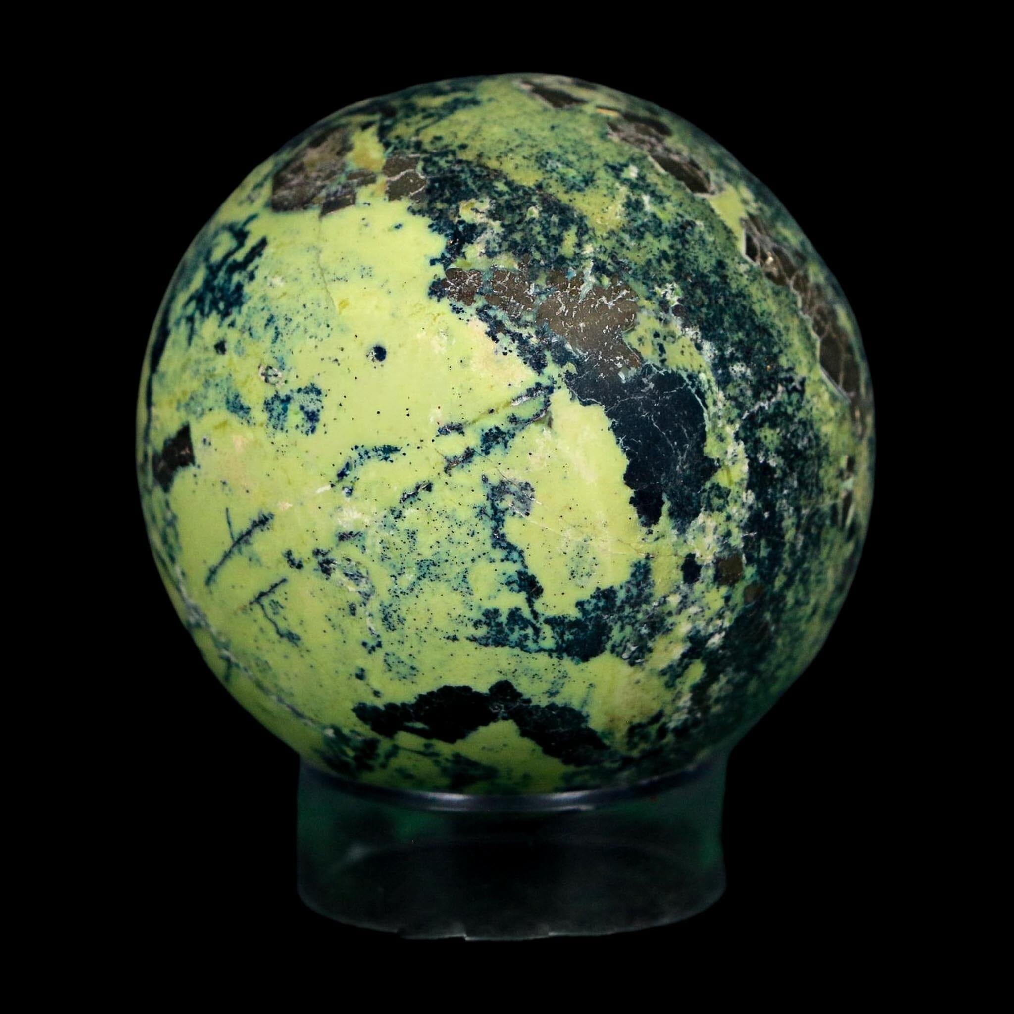 XL 53MM Natural Green & Yellow Serpentine Pyrite Sphere Ball Orb Peru Stand - Fossil Age Minerals