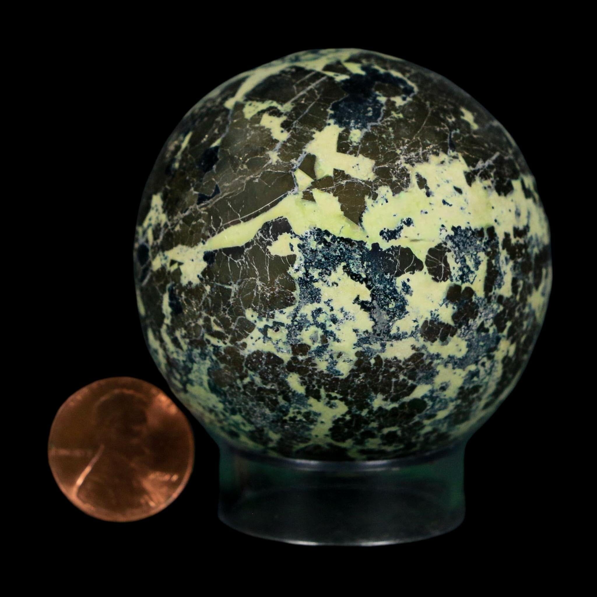 XL 53MM Natural Green & Yellow Serpentine Pyrite Sphere Ball Orb Peru Stand - Fossil Age Minerals