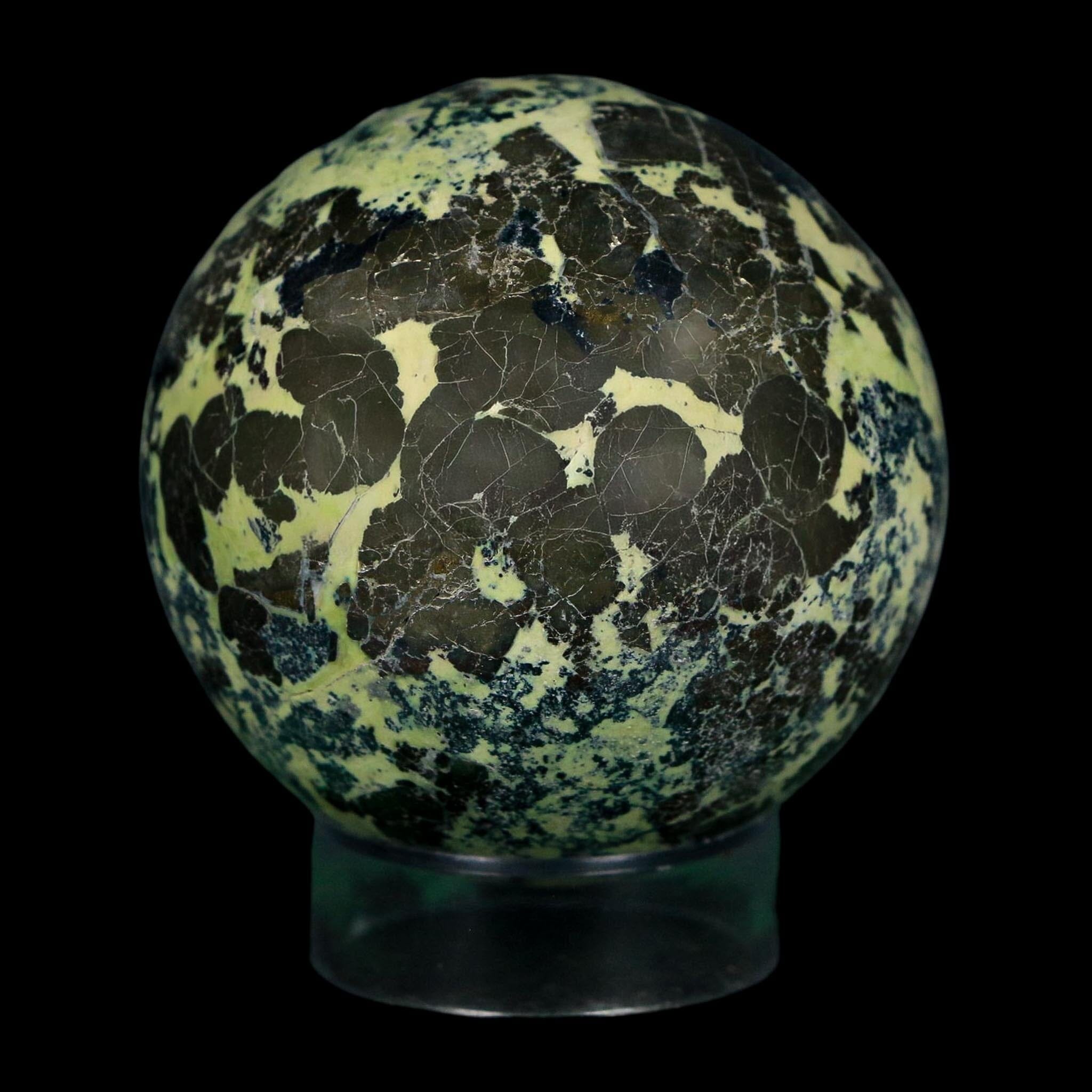 XL 53MM Natural Green & Yellow Serpentine Pyrite Sphere Ball Orb Peru Stand - Fossil Age Minerals