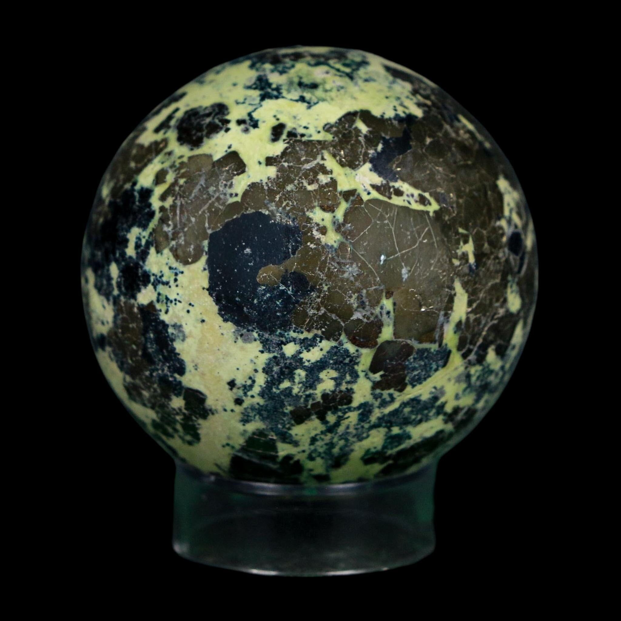 XL 53MM Natural Green & Yellow Serpentine Pyrite Sphere Ball Orb Peru Stand - Fossil Age Minerals