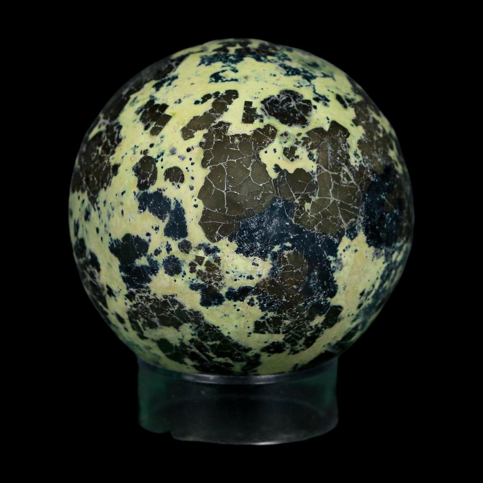 XL 53MM Natural Green & Yellow Serpentine Pyrite Sphere Ball Orb Peru Stand - Fossil Age Minerals
