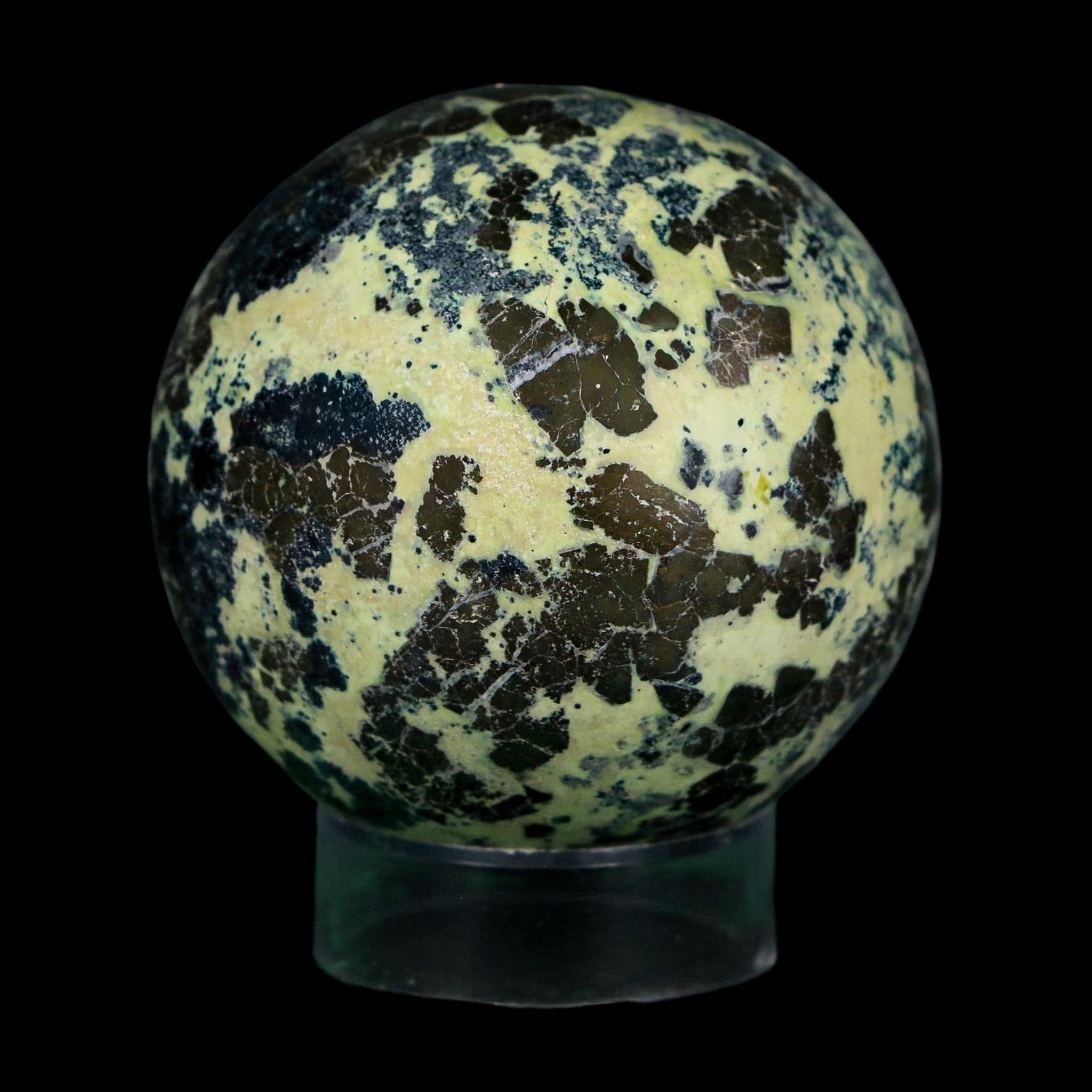 XL 53MM Natural Green & Yellow Serpentine Pyrite Sphere Ball Orb Peru Stand - Fossil Age Minerals
