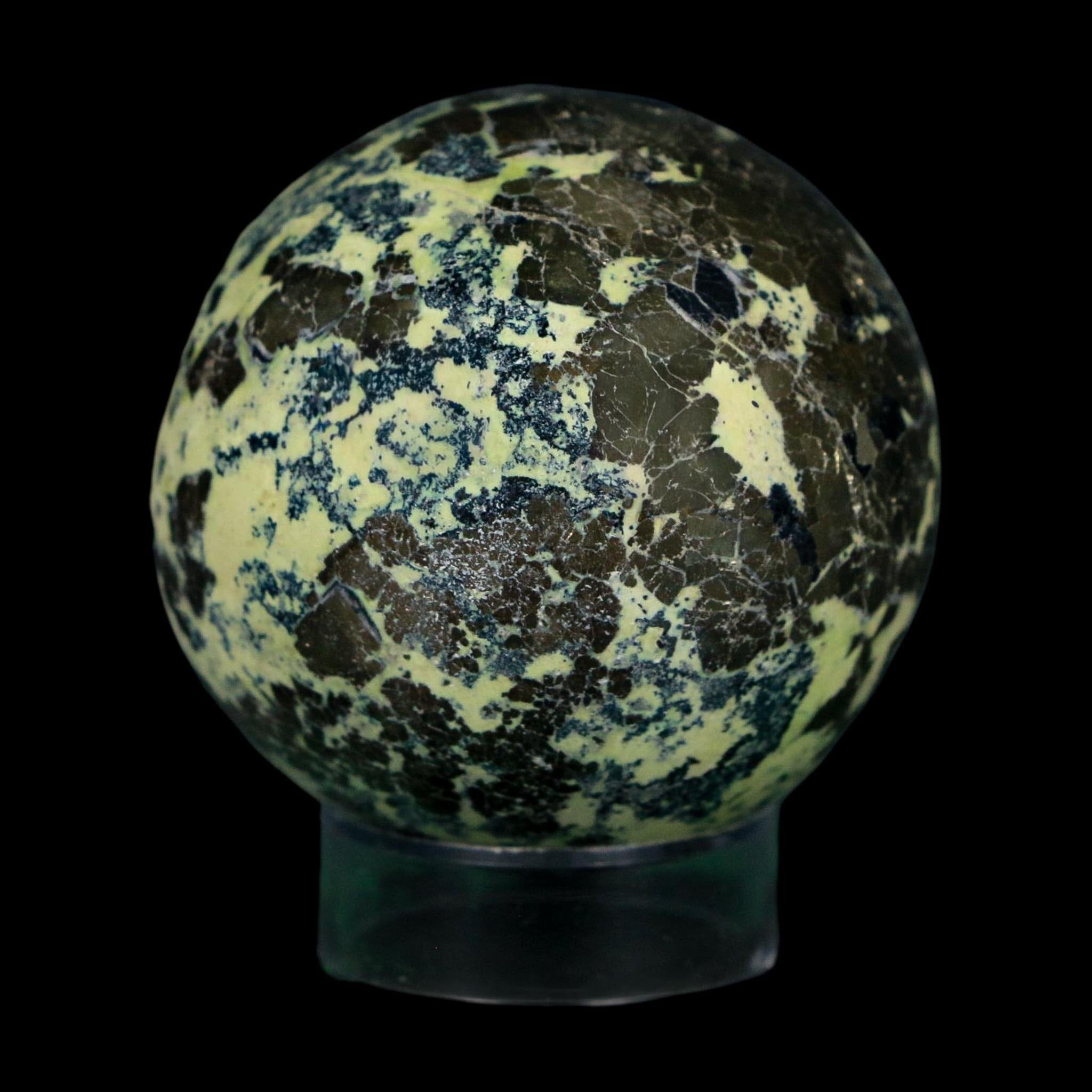 XL 53MM Natural Green & Yellow Serpentine Pyrite Sphere Ball Orb Peru Stand - Fossil Age Minerals