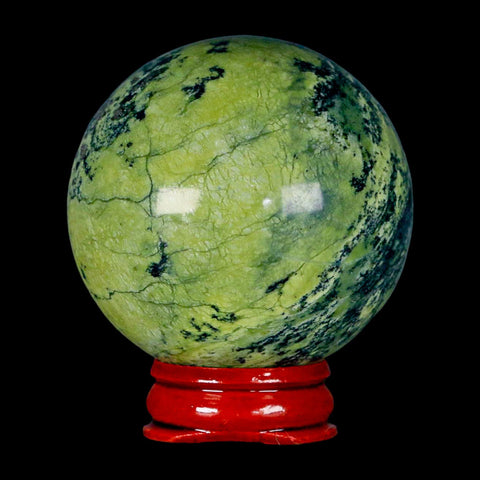 53MM Natural Green & Yellow Serpentine Pyrite Sphere Ball Orb Peru Stand - Fossil Age Minerals
