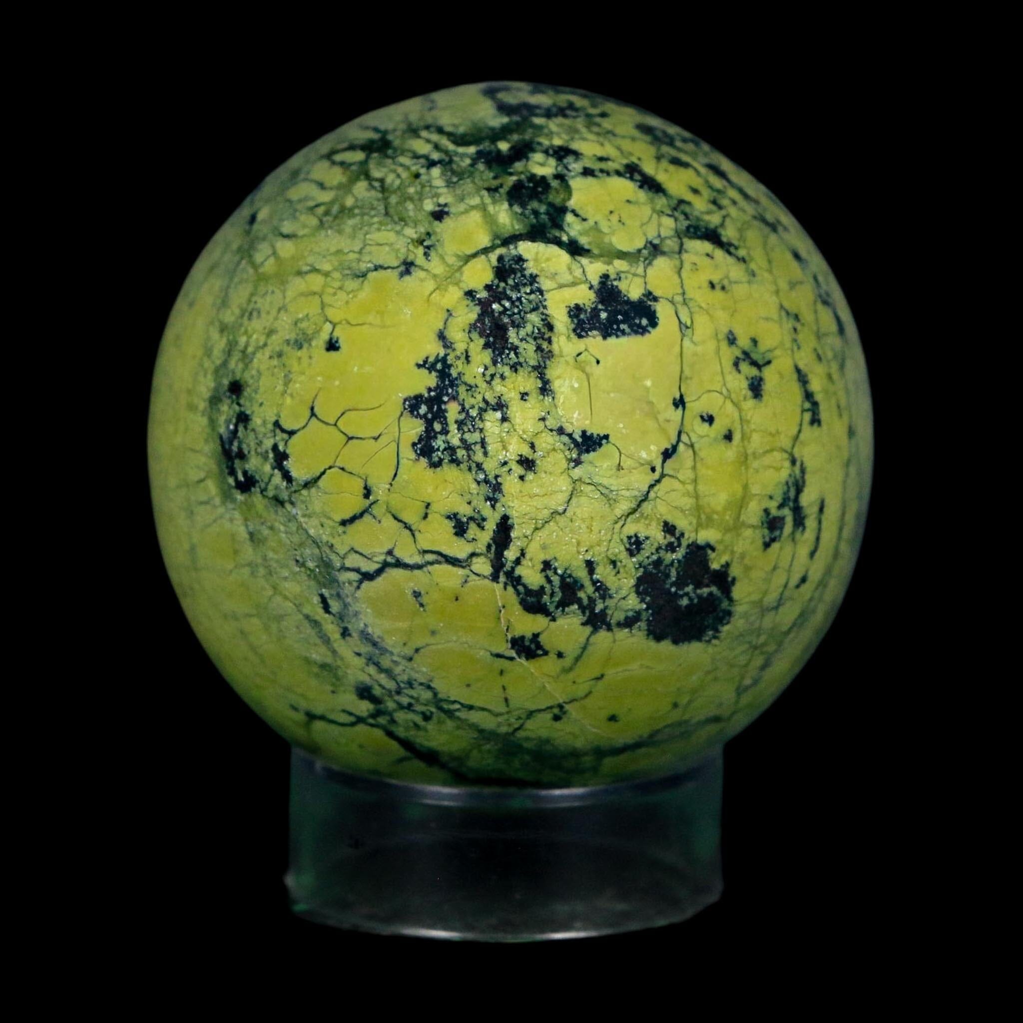 XL 52MM Natural Green & Yellow Serpentine Pyrite Sphere Ball Orb Peru Stand - Fossil Age Minerals