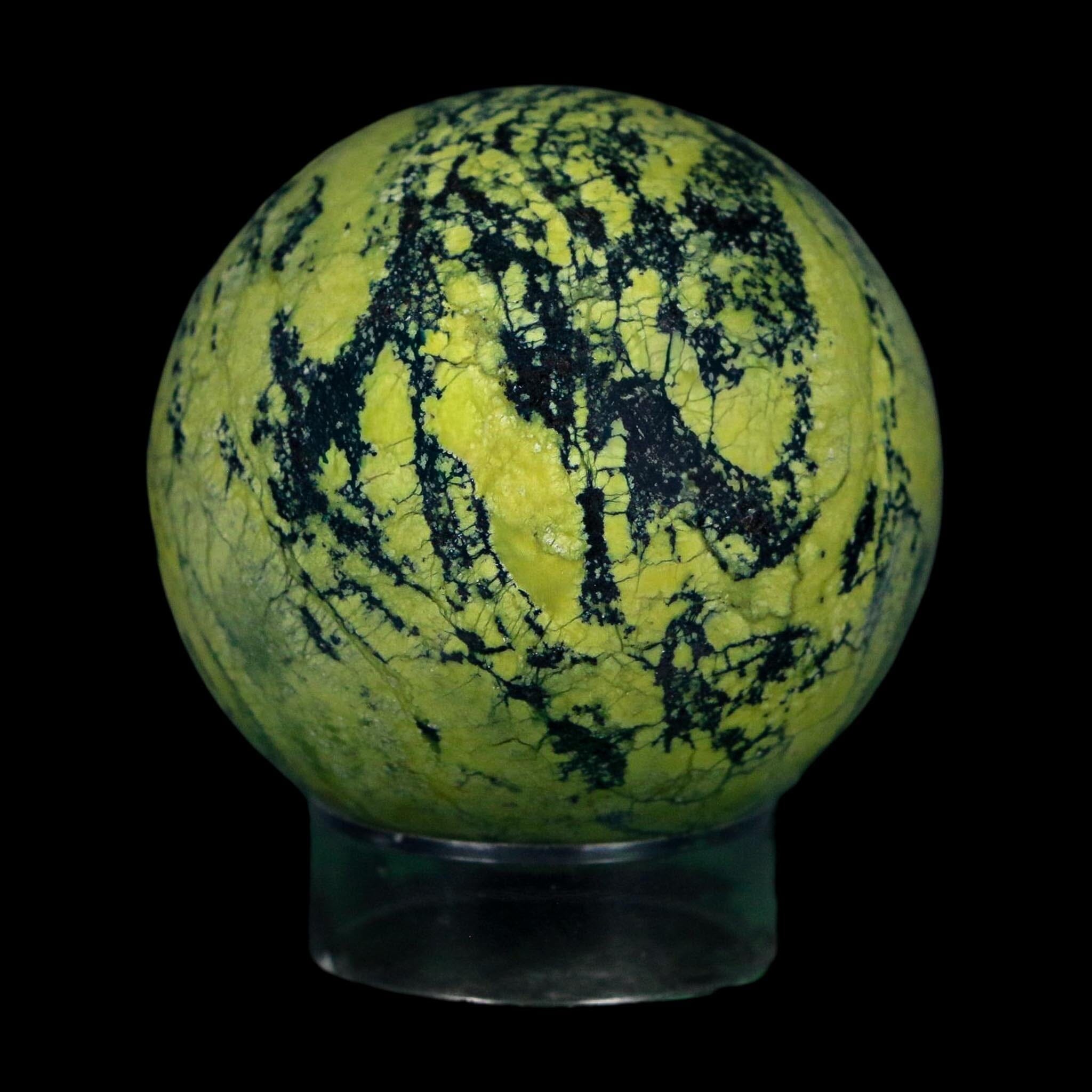 XL 52MM Natural Green & Yellow Serpentine Pyrite Sphere Ball Orb Peru Stand - Fossil Age Minerals