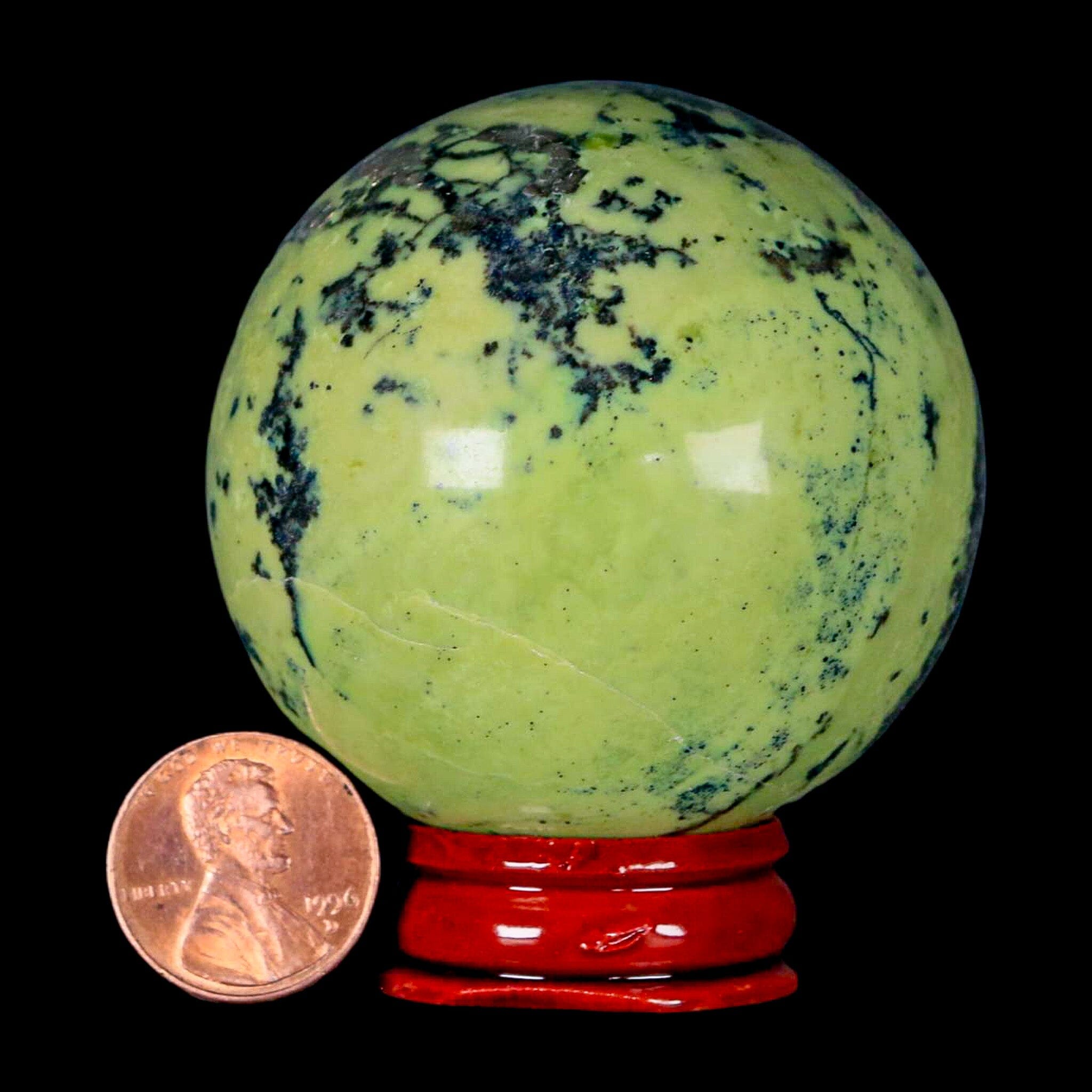 XL 54MM Natural Green & Yellow Serpentine Pyrite Sphere Ball Orb Peru Stand - Fossil Age Minerals