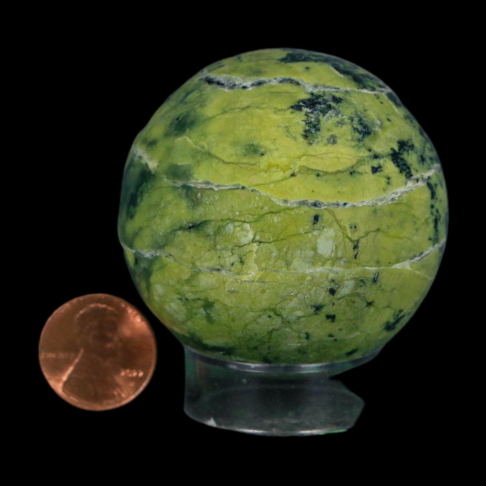 XL 51MM Natural Green & Yellow Serpentine Pyrite Sphere Ball Orb Peru Stand - Fossil Age Minerals