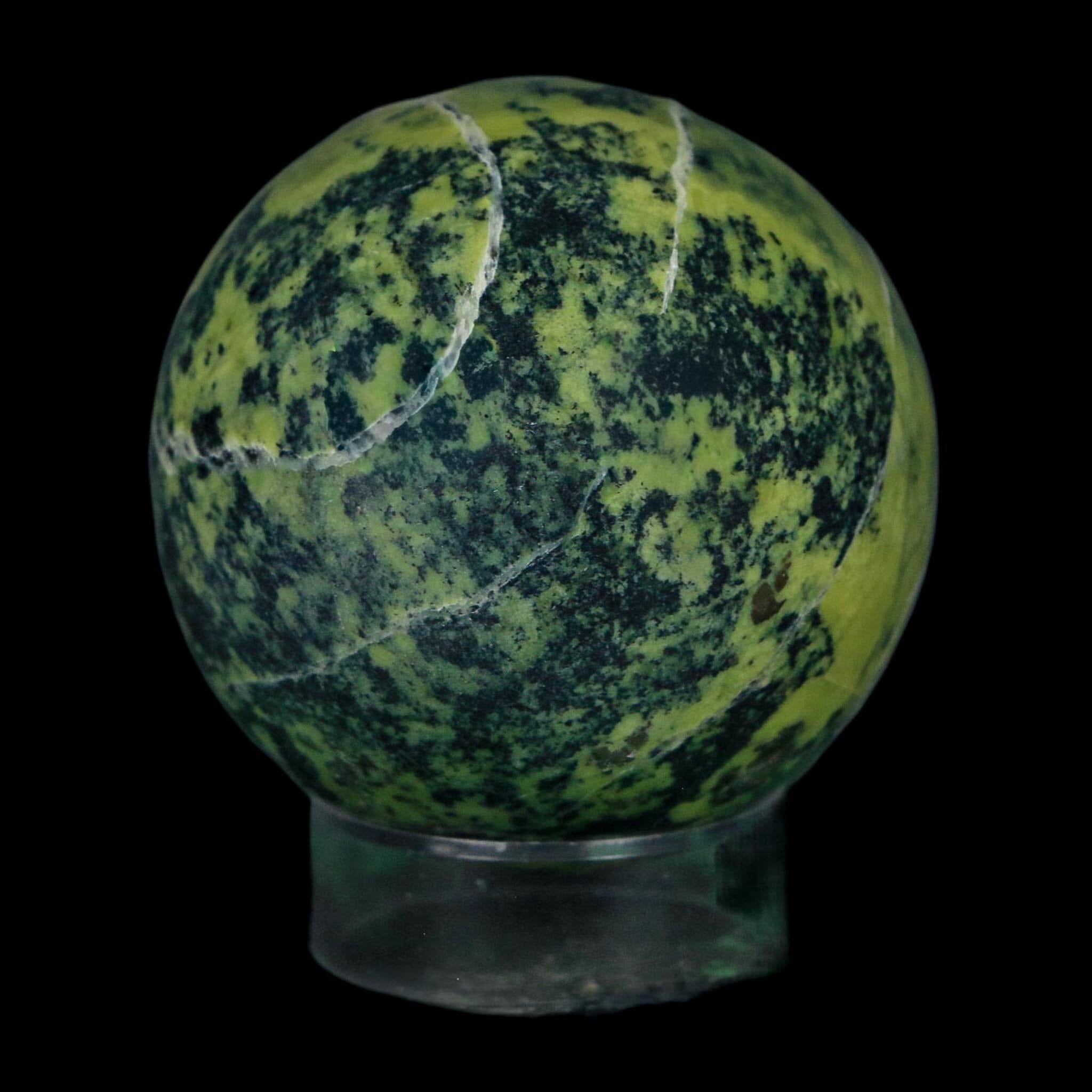 XL 51MM Natural Green & Yellow Serpentine Pyrite Sphere Ball Orb Peru Stand - Fossil Age Minerals