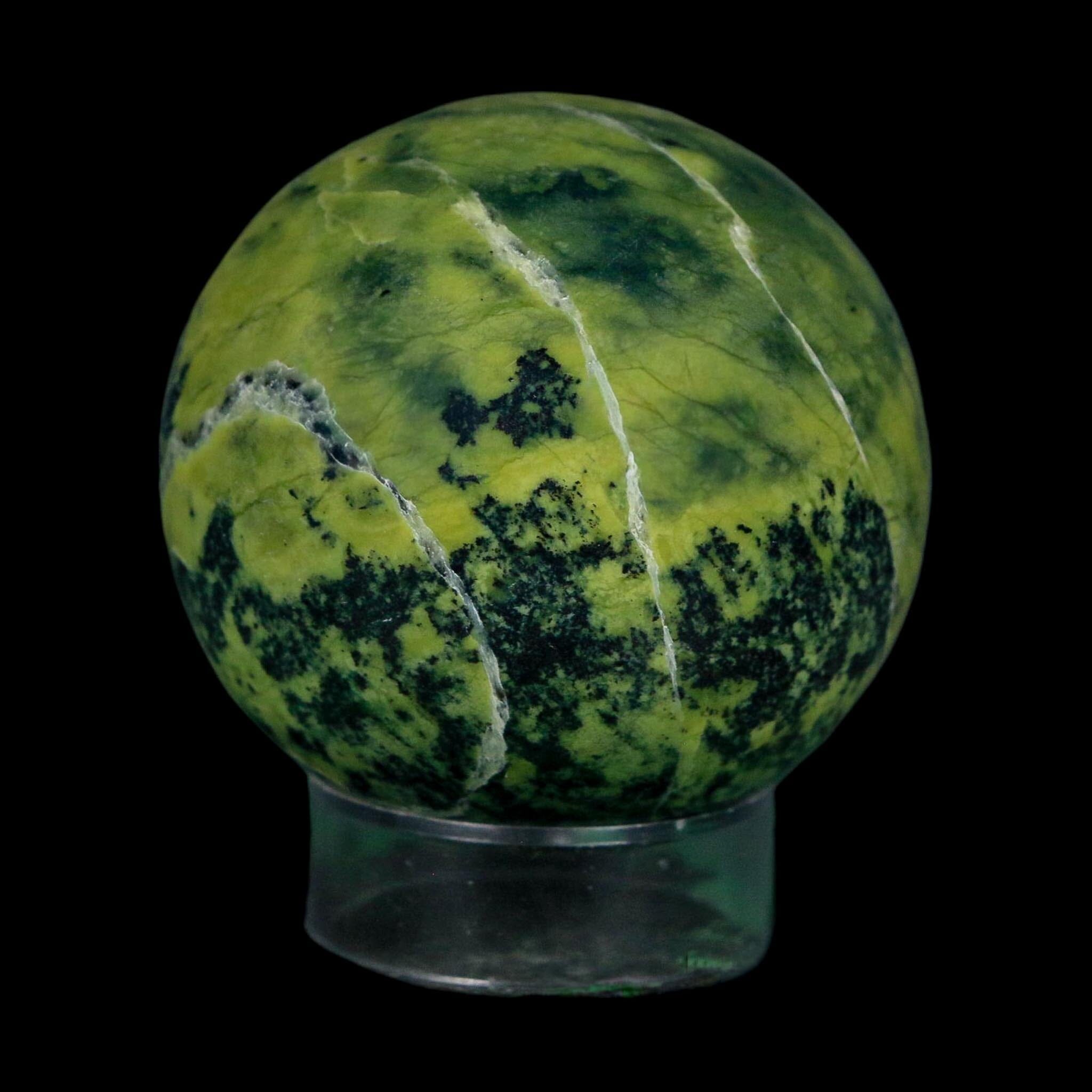 XL 51MM Natural Green & Yellow Serpentine Pyrite Sphere Ball Orb Peru Stand - Fossil Age Minerals