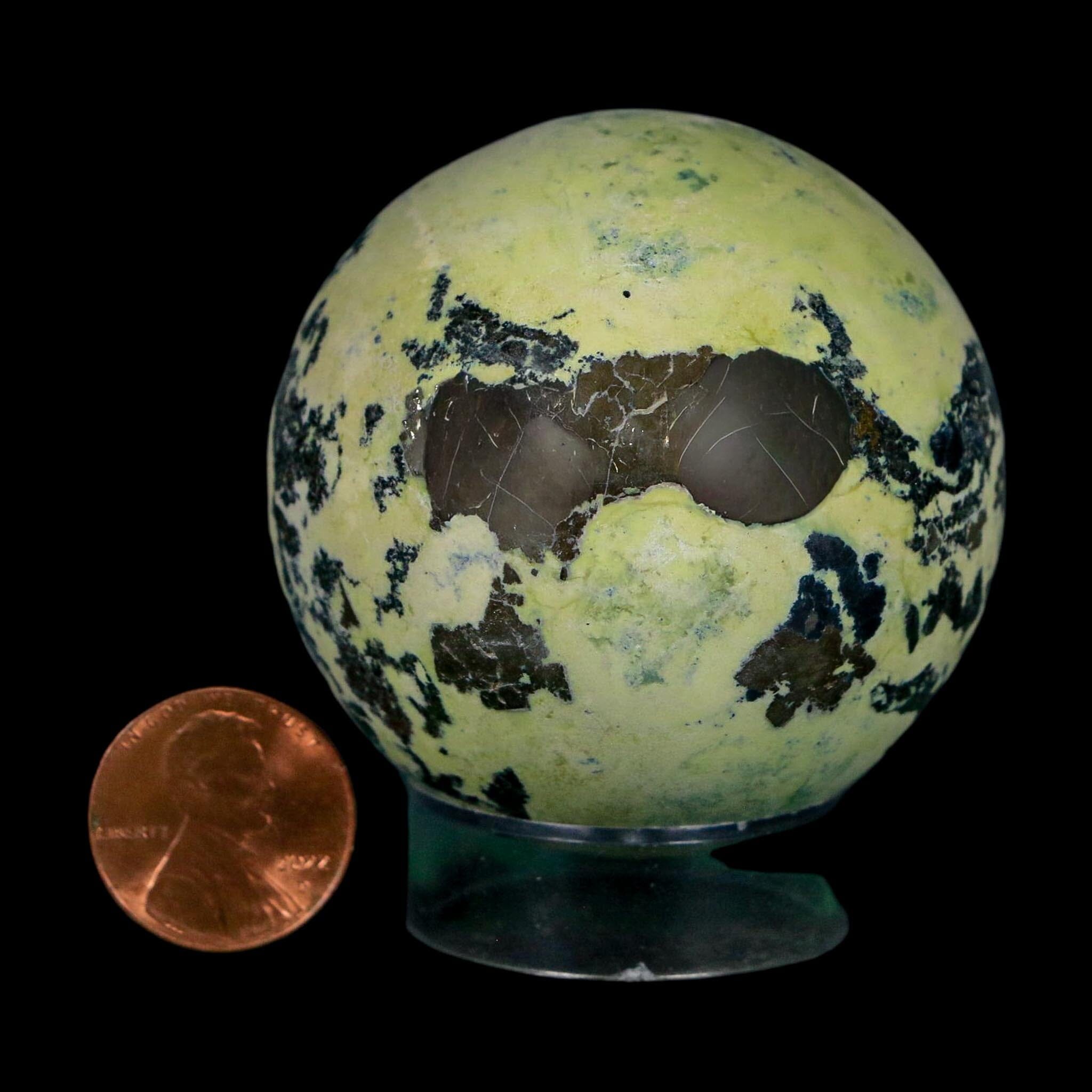 XL 51MM Natural Green & Yellow Serpentine Pyrite Sphere Ball Orb Peru Stand - Fossil Age Minerals