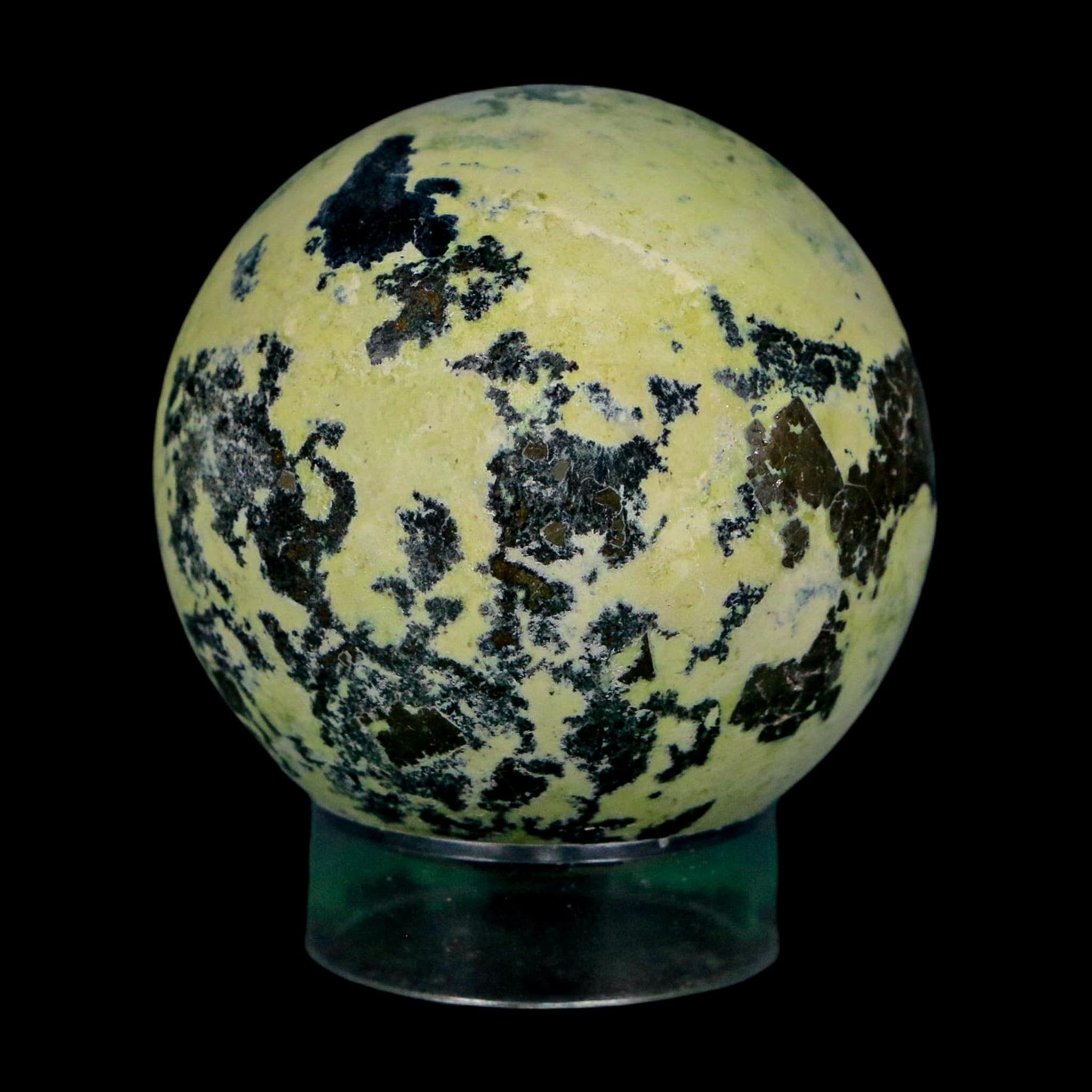 XL 51MM Natural Green & Yellow Serpentine Pyrite Sphere Ball Orb Peru Stand - Fossil Age Minerals