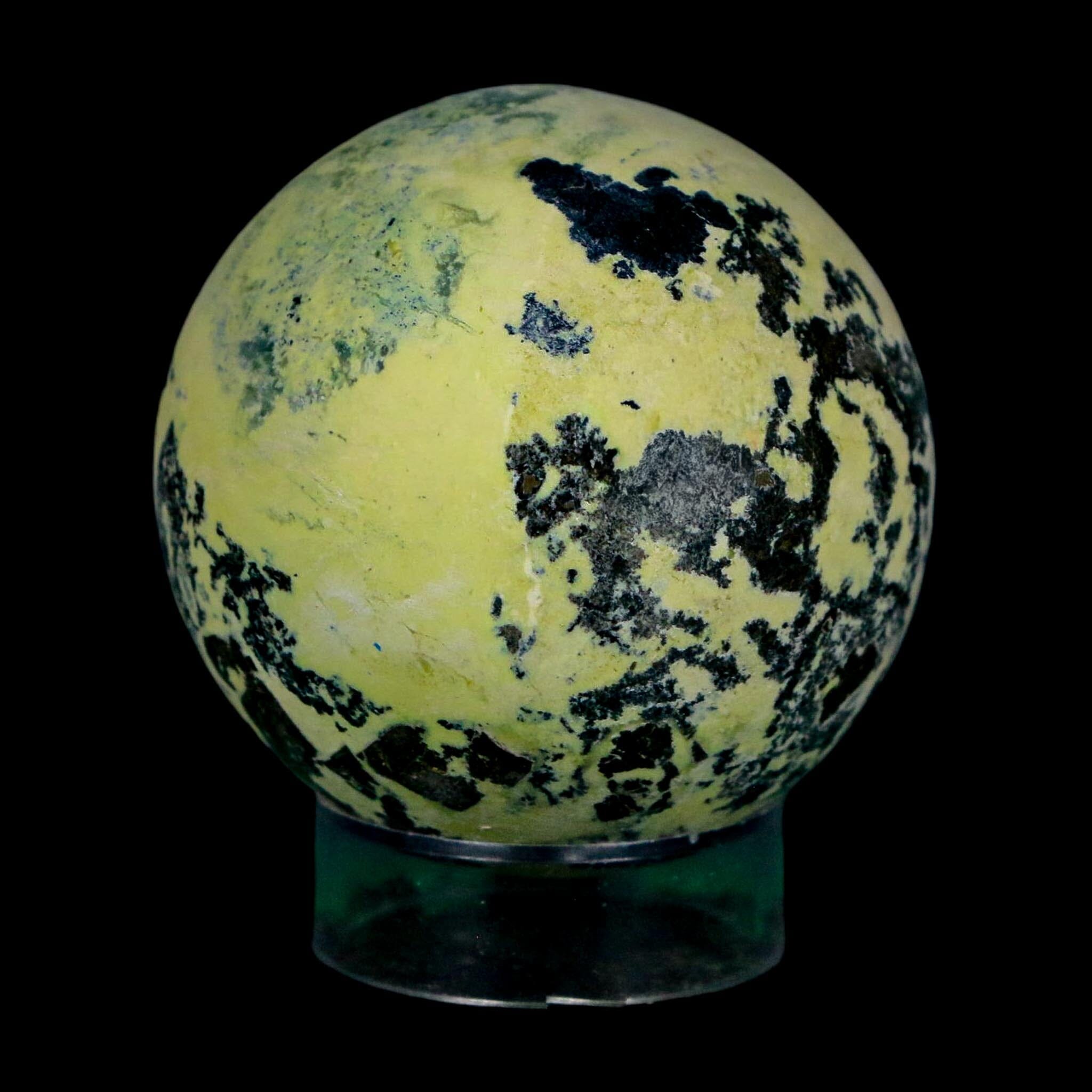 XL 51MM Natural Green & Yellow Serpentine Pyrite Sphere Ball Orb Peru Stand - Fossil Age Minerals