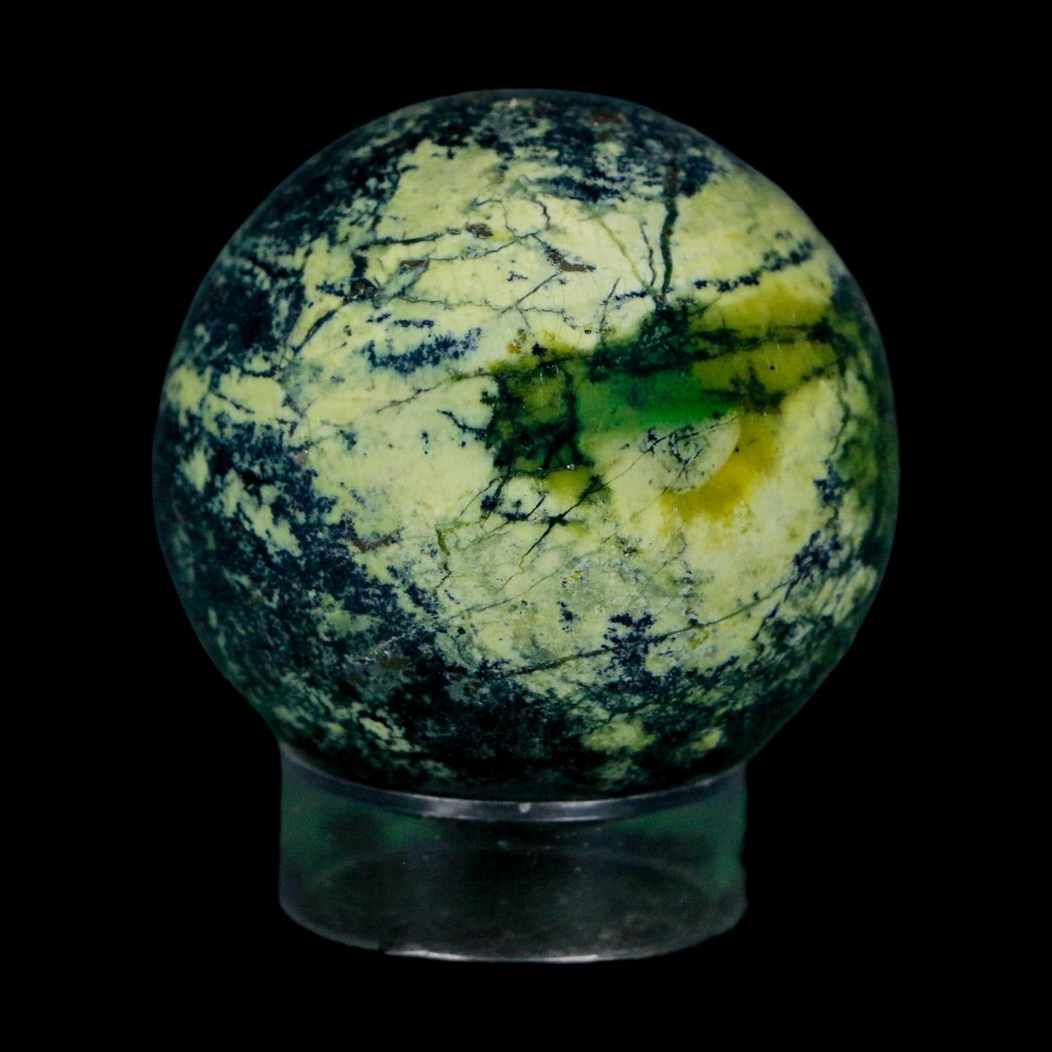 49MM Natural Green & Yellow Serpentine Pyrite Sphere Ball Orb Peru Stand - Fossil Age Minerals
