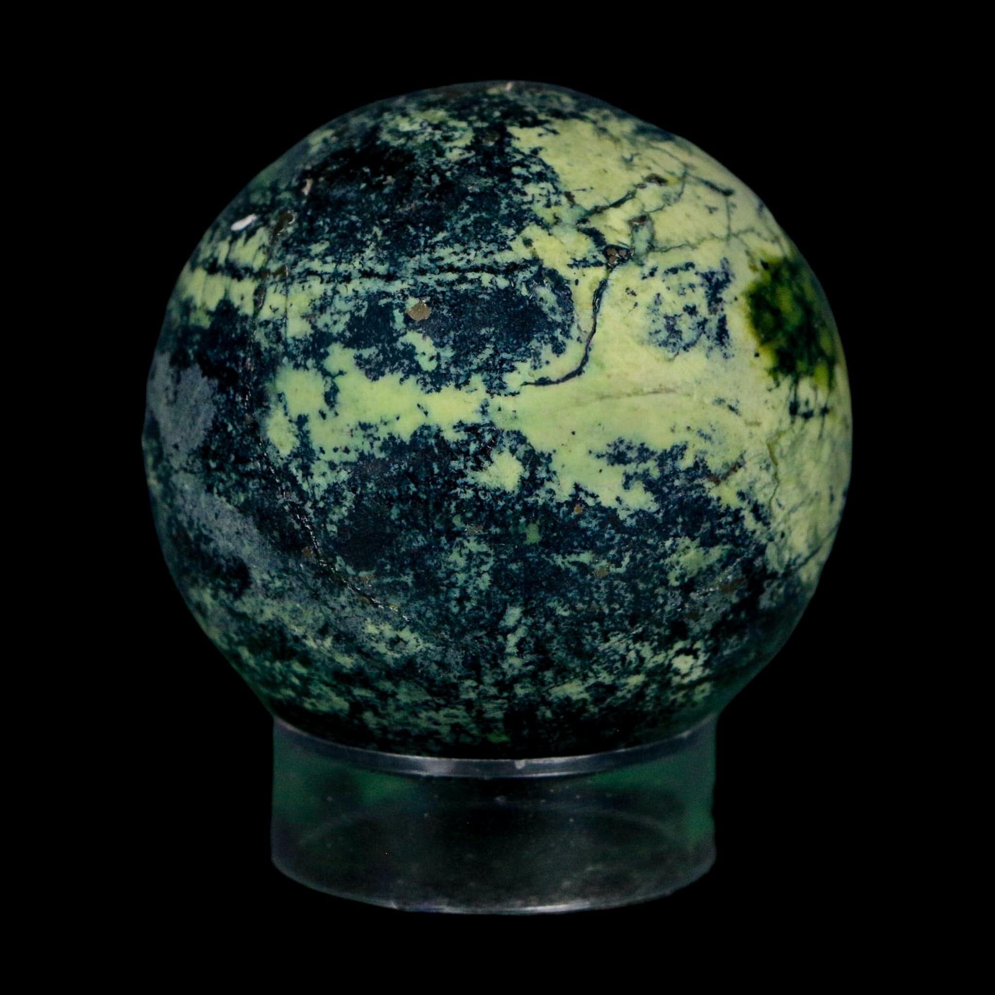 49MM Natural Green & Yellow Serpentine Pyrite Sphere Ball Orb Peru Stand - Fossil Age Minerals