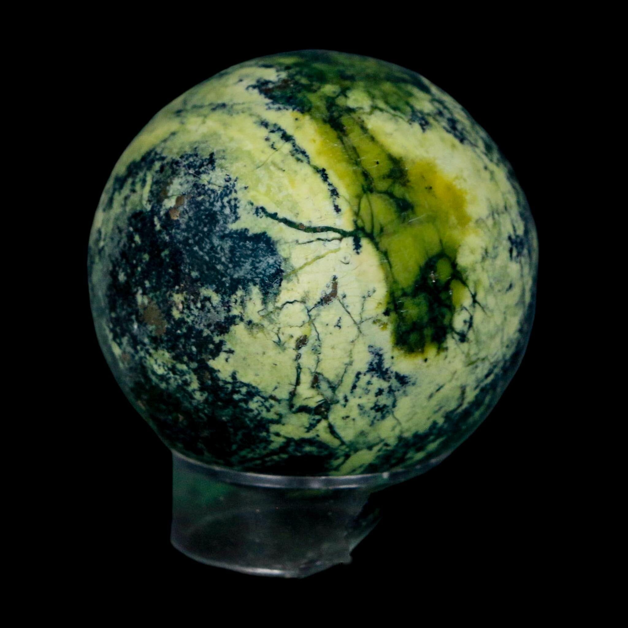 49MM Natural Green & Yellow Serpentine Pyrite Sphere Ball Orb Peru Stand - Fossil Age Minerals