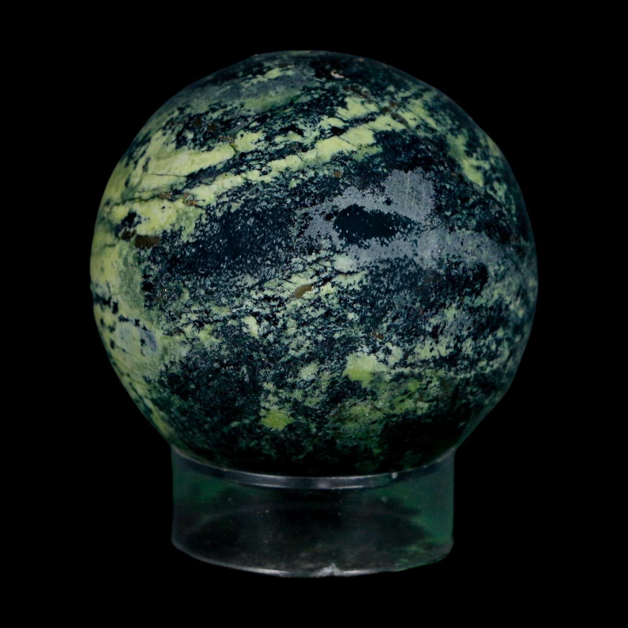 49MM Natural Green & Yellow Serpentine Pyrite Sphere Ball Orb Peru Stand - Fossil Age Minerals