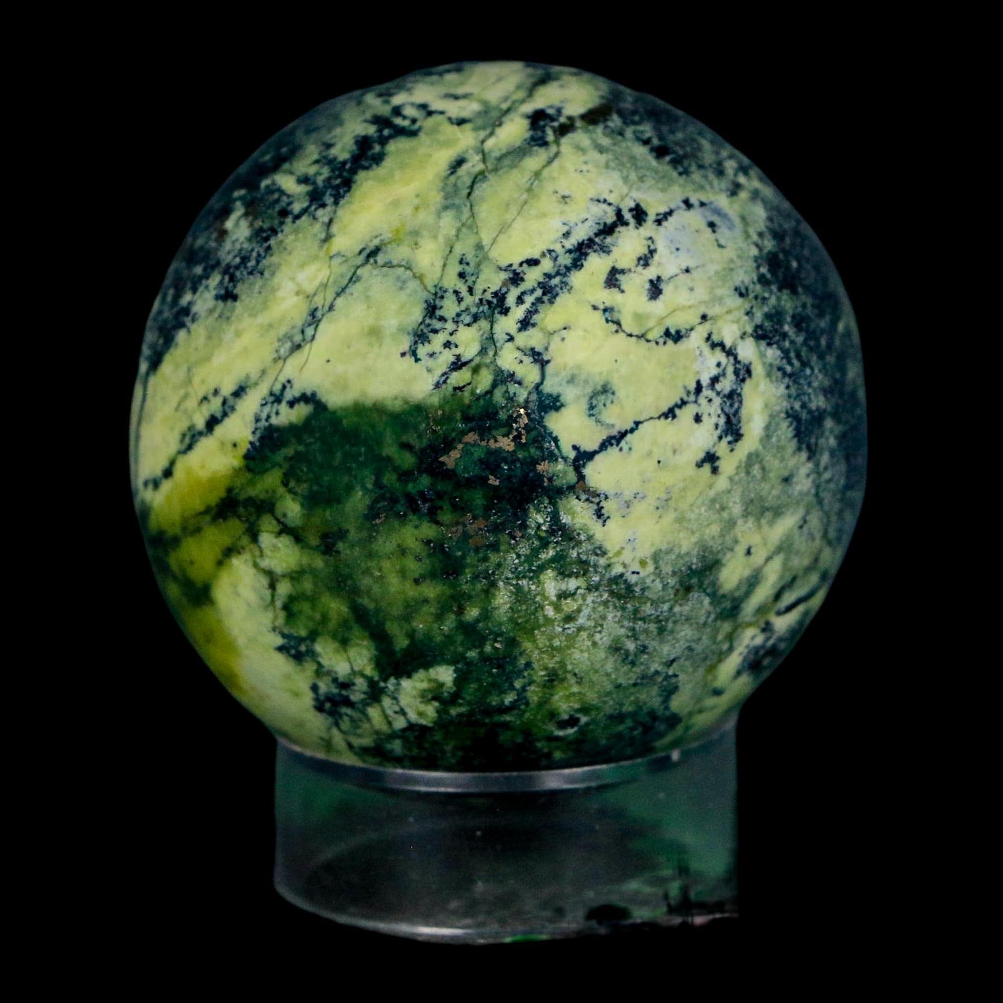 49MM Natural Green & Yellow Serpentine Pyrite Sphere Ball Orb Peru Stand - Fossil Age Minerals