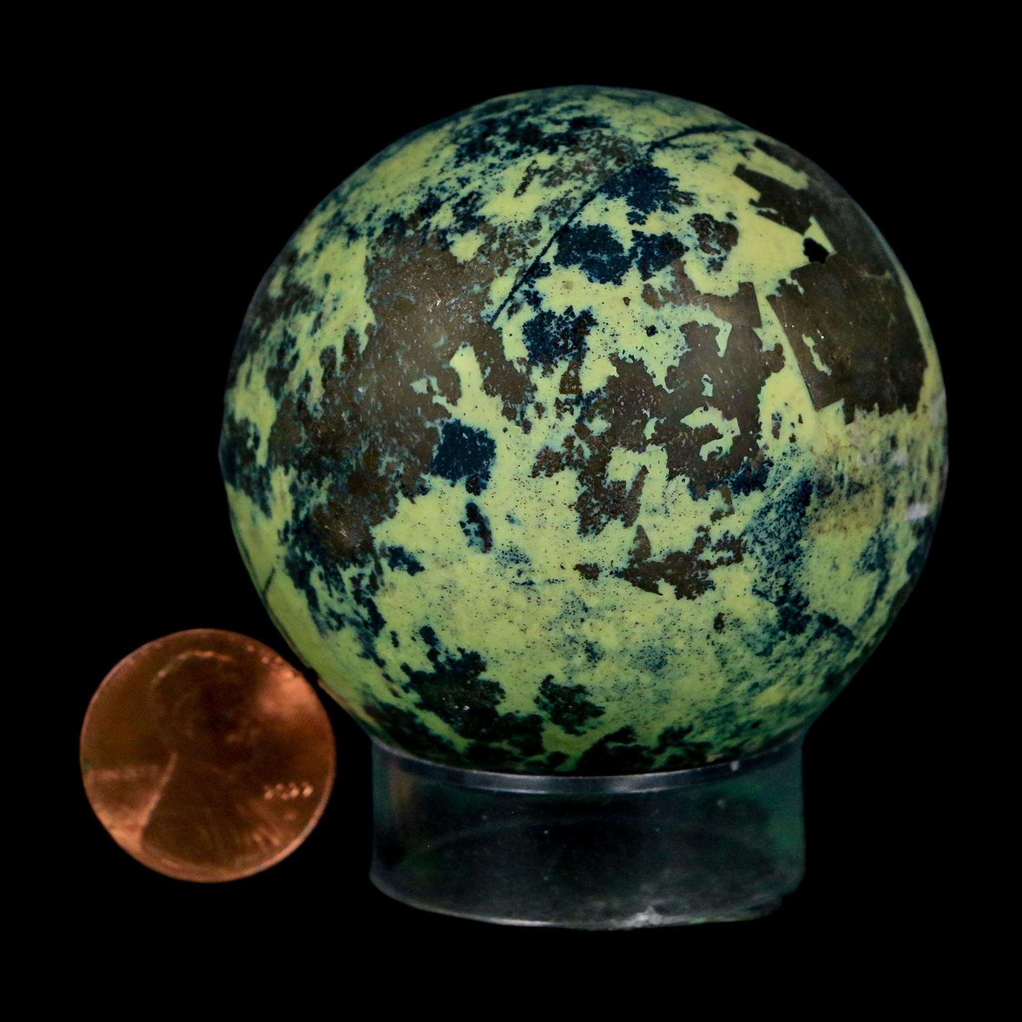 XL 52MM Natural Green & Yellow Serpentine Pyrite Sphere Ball Orb Peru Stand - Fossil Age Minerals