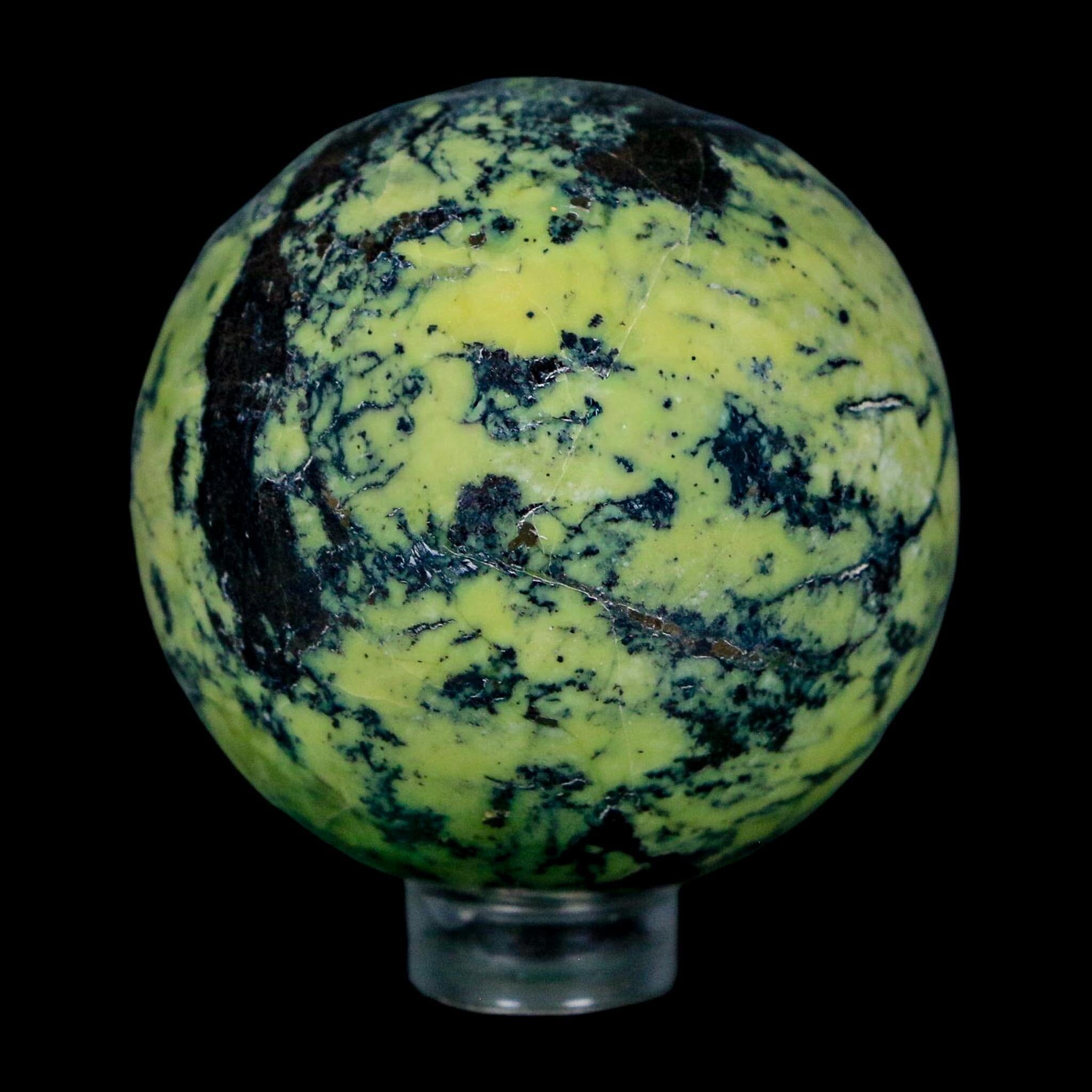 48MM Natural Green & Yellow Serpentine Pyrite Sphere Ball Orb Peru Stand - Fossil Age Minerals