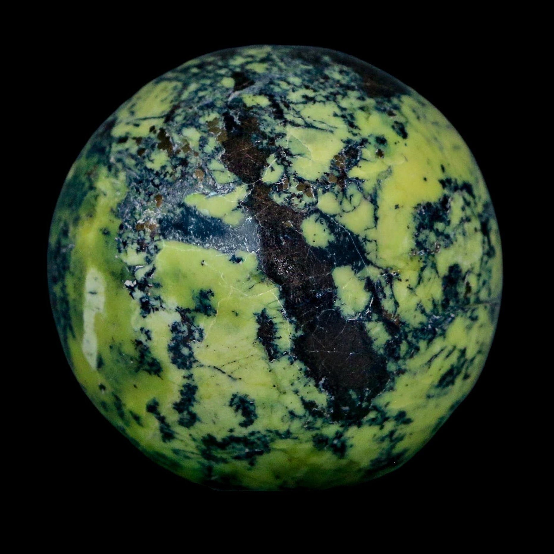 48MM Natural Green & Yellow Serpentine Pyrite Sphere Ball Orb Peru Stand - Fossil Age Minerals