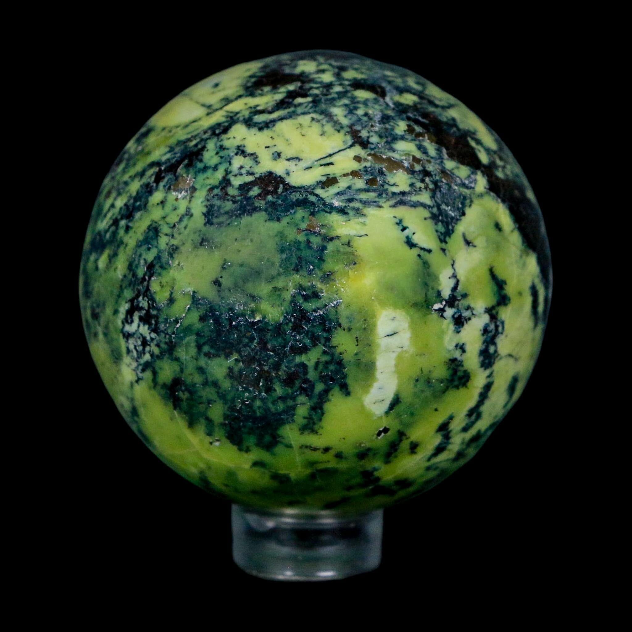 48MM Natural Green & Yellow Serpentine Pyrite Sphere Ball Orb Peru Stand - Fossil Age Minerals