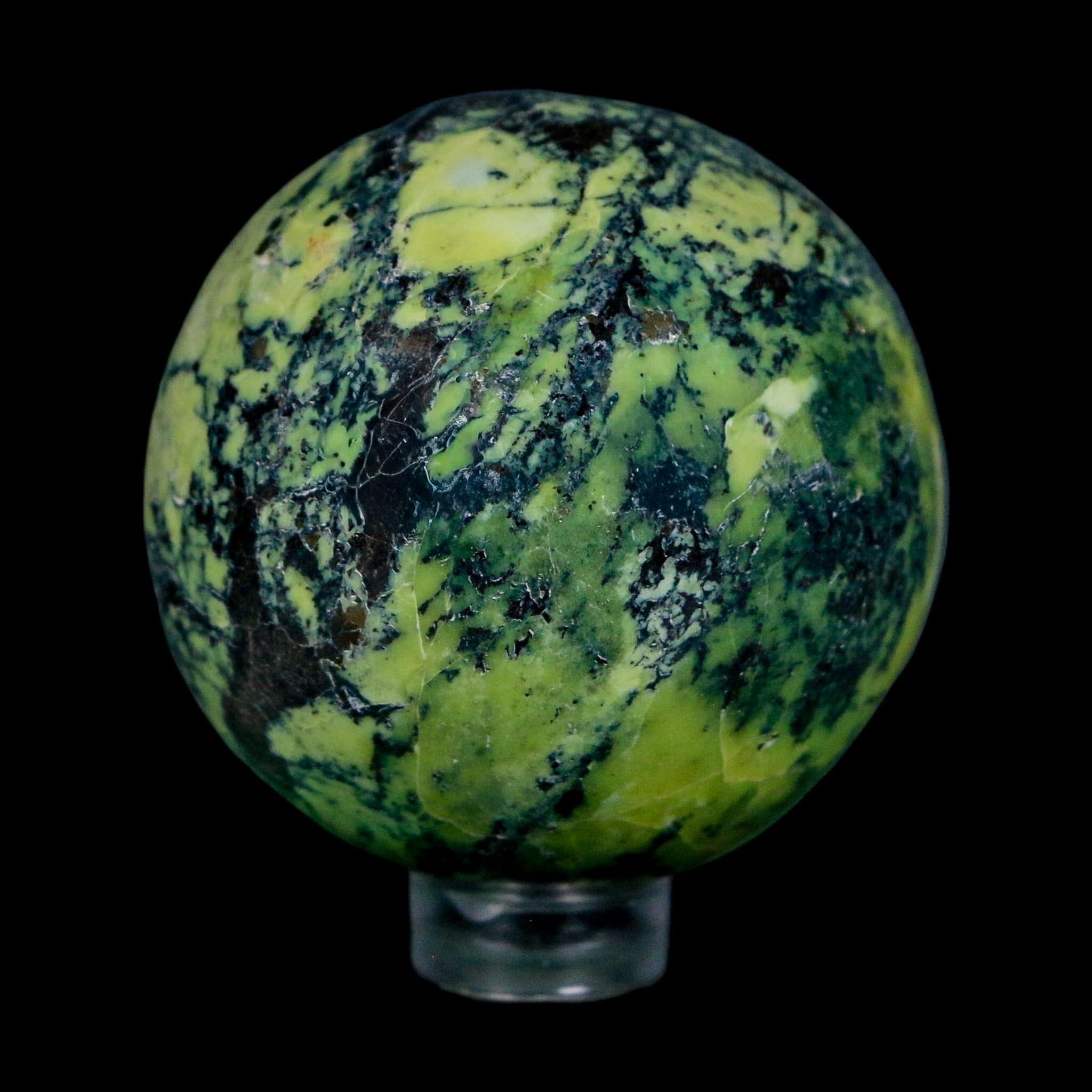 48MM Natural Green & Yellow Serpentine Pyrite Sphere Ball Orb Peru Stand - Fossil Age Minerals