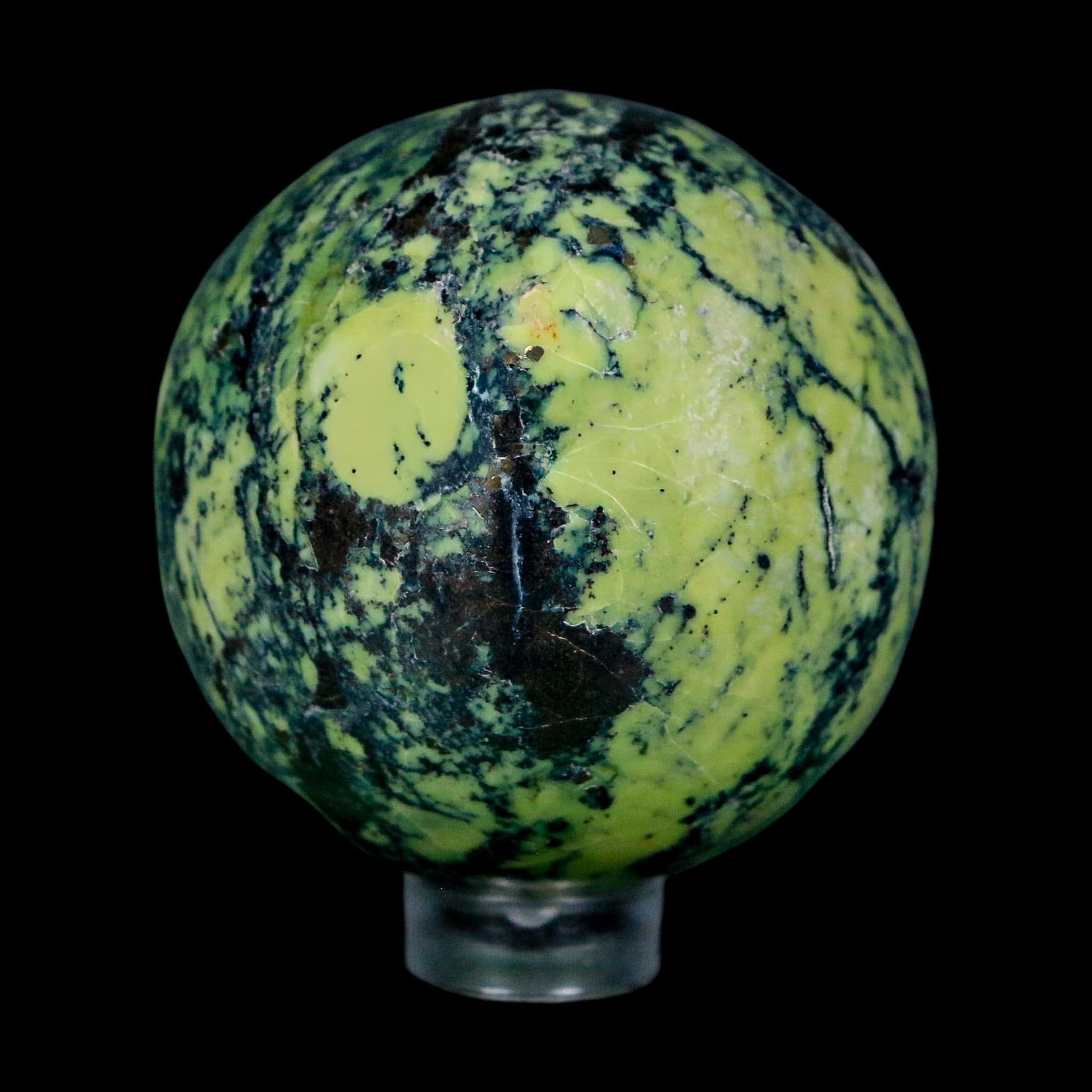 48MM Natural Green & Yellow Serpentine Pyrite Sphere Ball Orb Peru Stand - Fossil Age Minerals