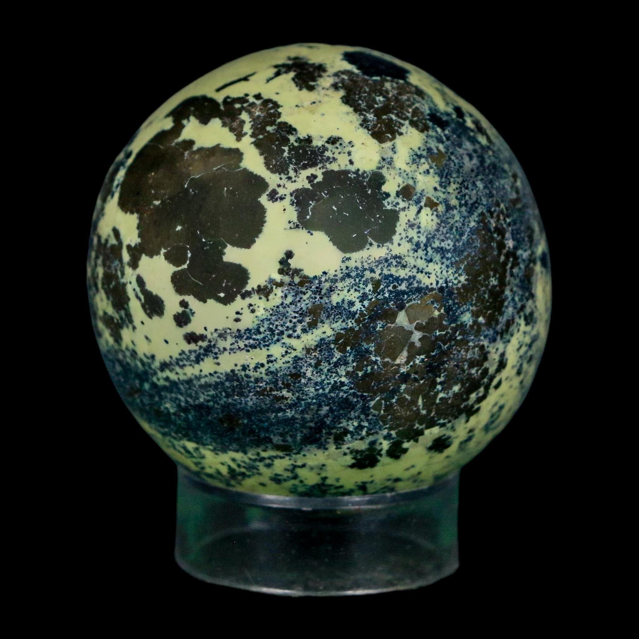 XL 51MM Natural Green & Yellow Serpentine Pyrite Sphere Ball Orb Peru Stand - Fossil Age Minerals