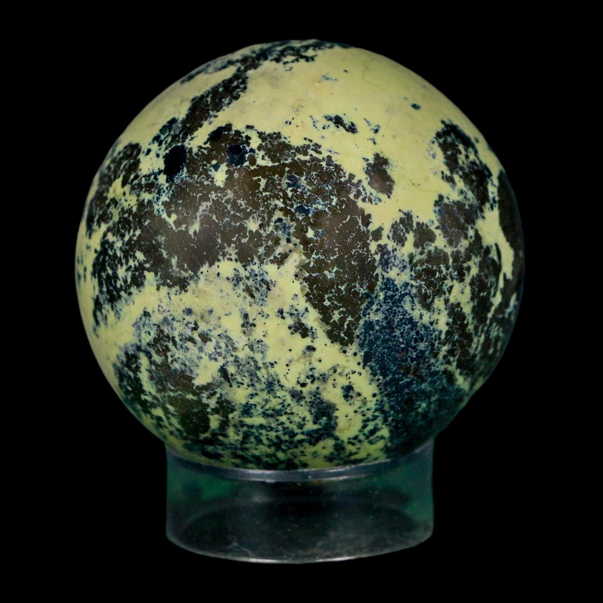 XL 51MM Natural Green & Yellow Serpentine Pyrite Sphere Ball Orb Peru Stand - Fossil Age Minerals