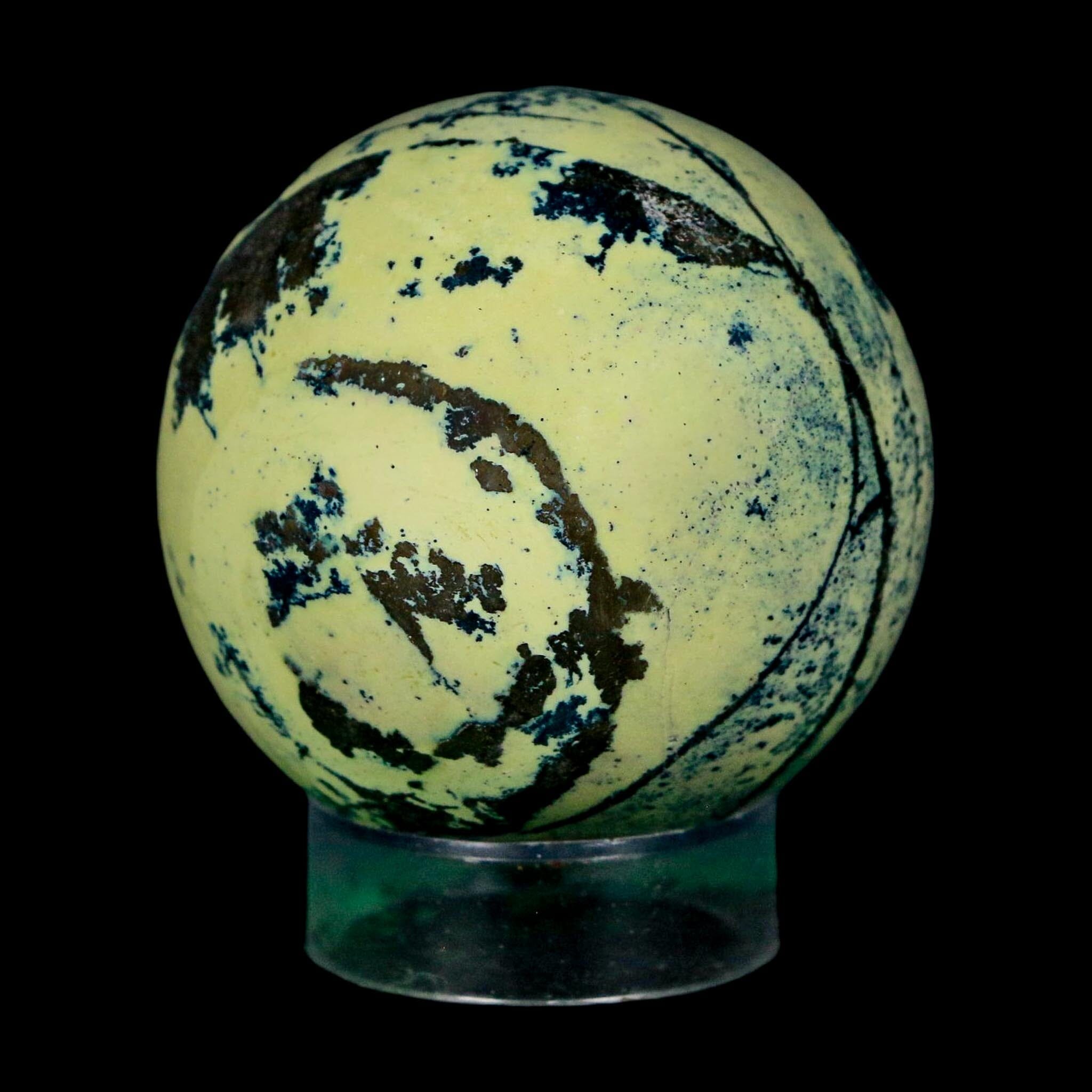XL 51MM Natural Green & Yellow Serpentine Pyrite Sphere Ball Orb Peru Stand - Fossil Age Minerals