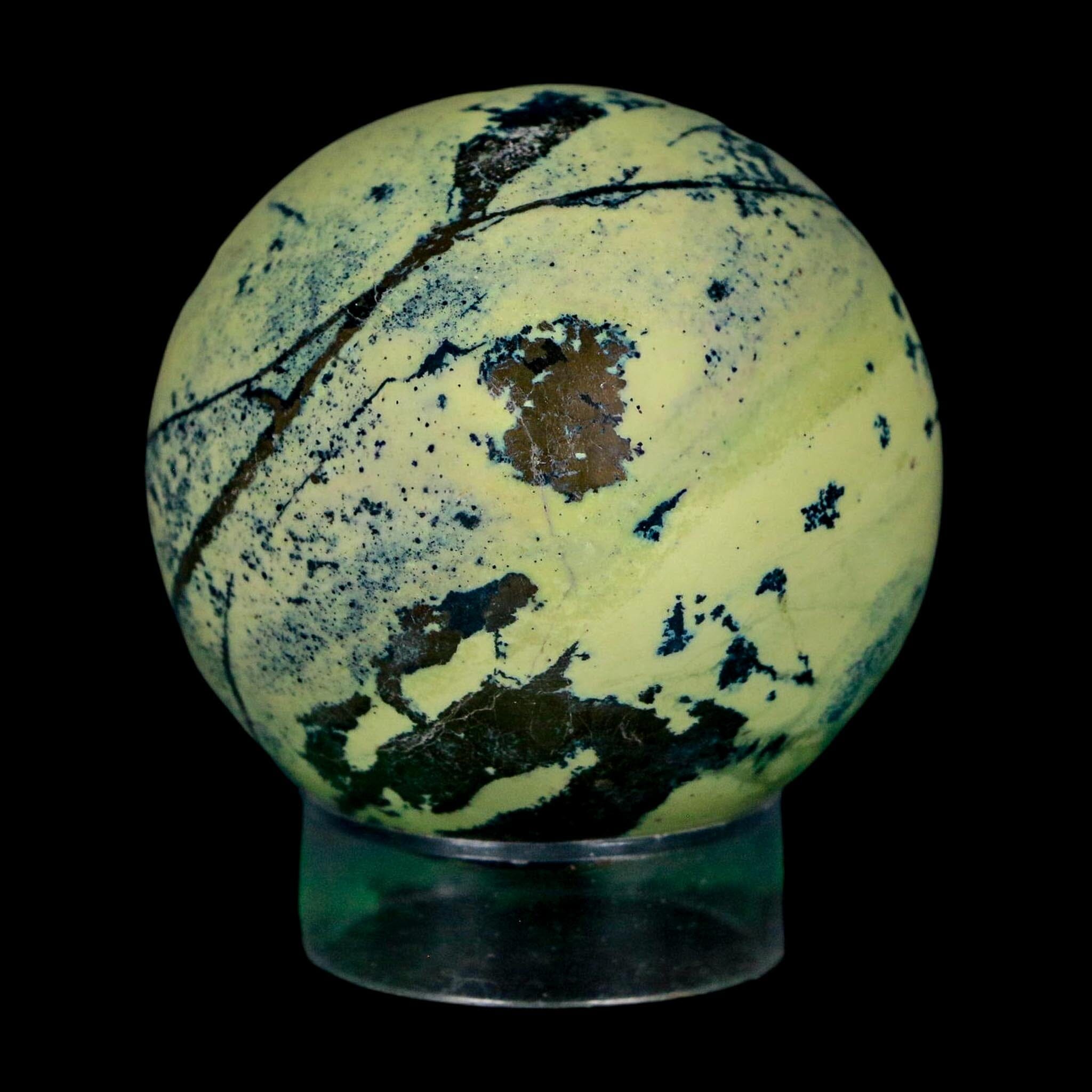 XL 51MM Natural Green & Yellow Serpentine Pyrite Sphere Ball Orb Peru Stand - Fossil Age Minerals