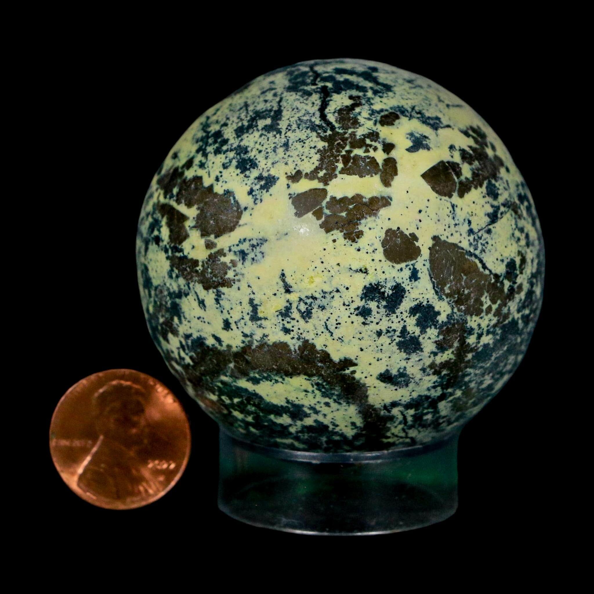 XL 52MM Natural Green & Yellow Serpentine Pyrite Sphere Ball Orb Peru Stand - Fossil Age Minerals