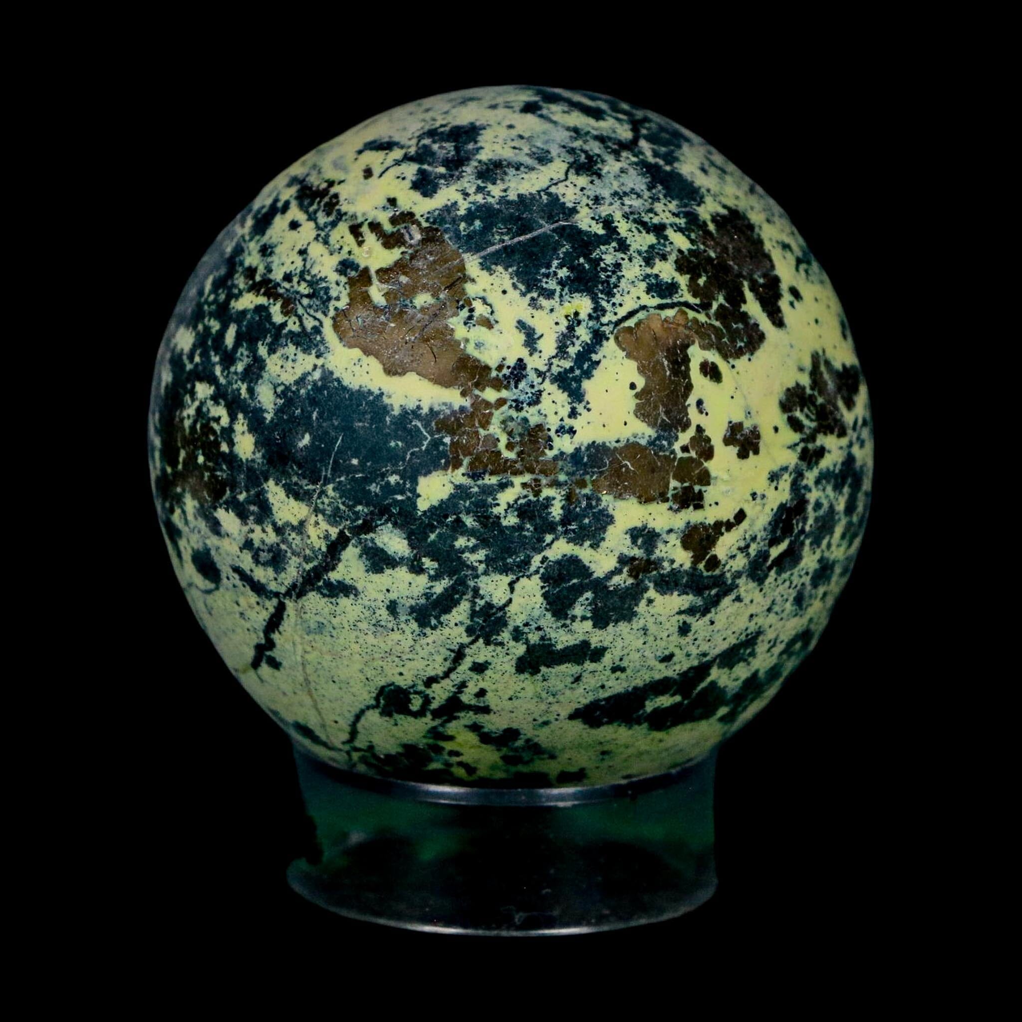 XL 52MM Natural Green & Yellow Serpentine Pyrite Sphere Ball Orb Peru Stand - Fossil Age Minerals
