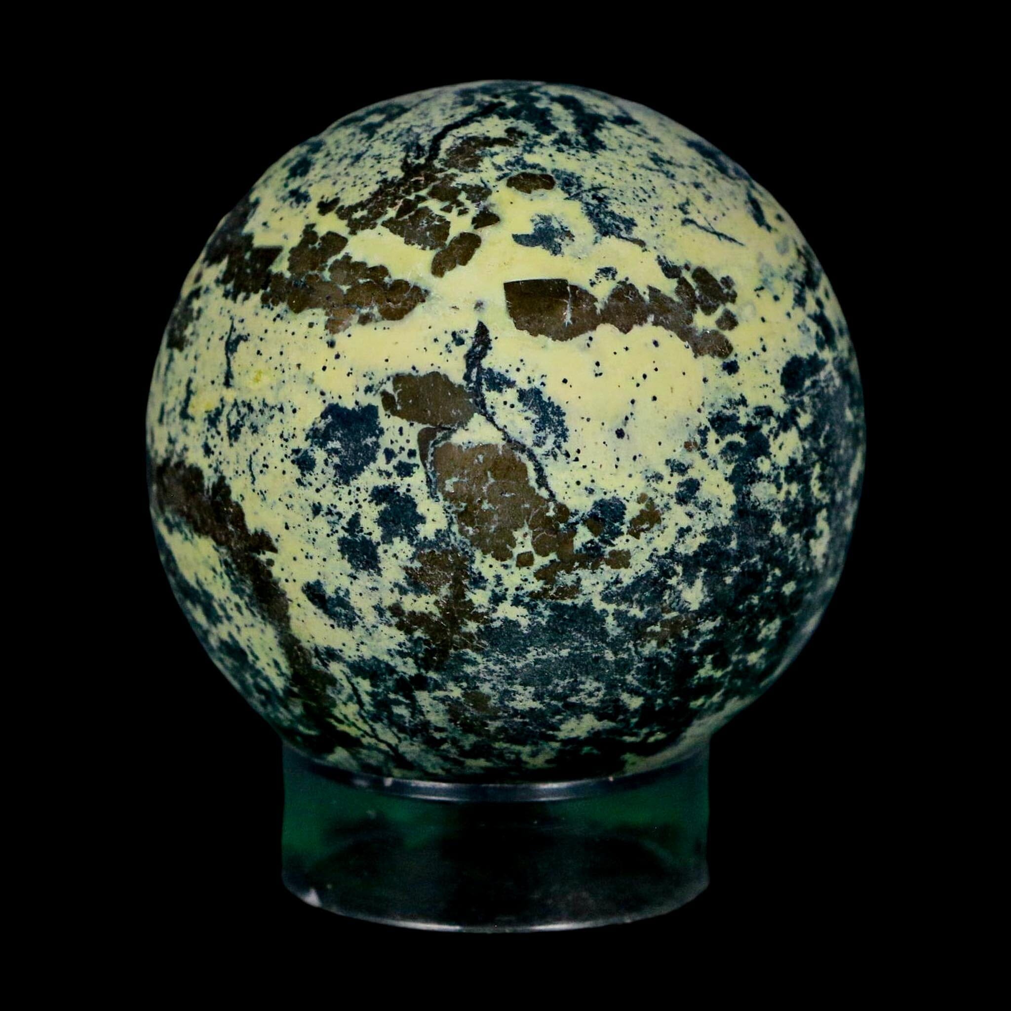 XL 52MM Natural Green & Yellow Serpentine Pyrite Sphere Ball Orb Peru Stand - Fossil Age Minerals