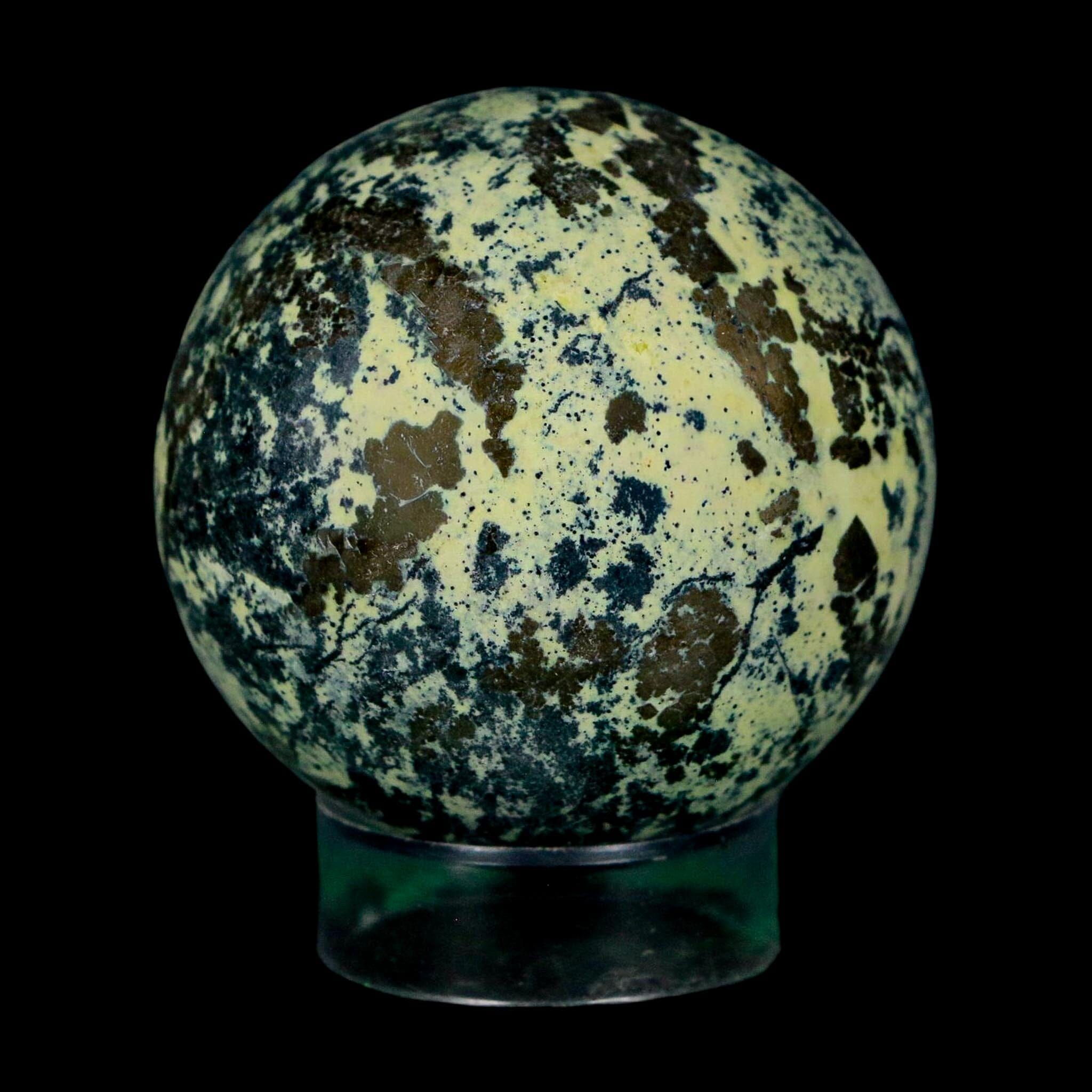 XL 52MM Natural Green & Yellow Serpentine Pyrite Sphere Ball Orb Peru Stand - Fossil Age Minerals