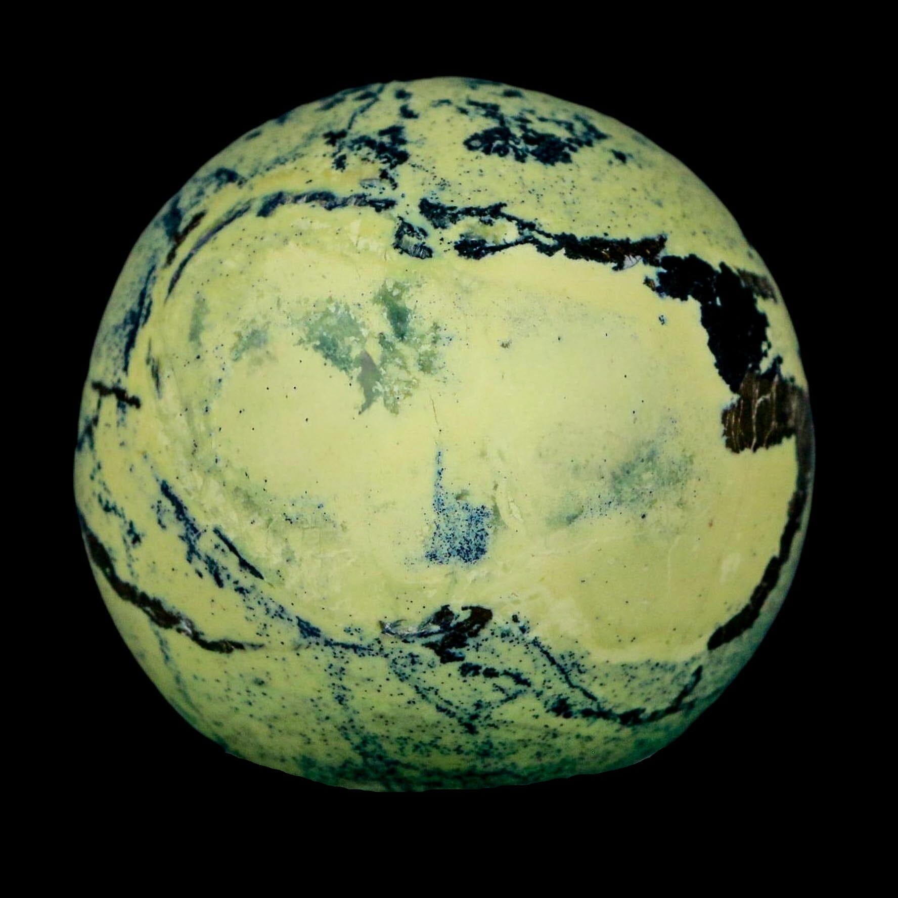 XL 52MM Natural Green & Yellow Serpentine Pyrite Sphere Ball Orb Peru Stand - Fossil Age Minerals
