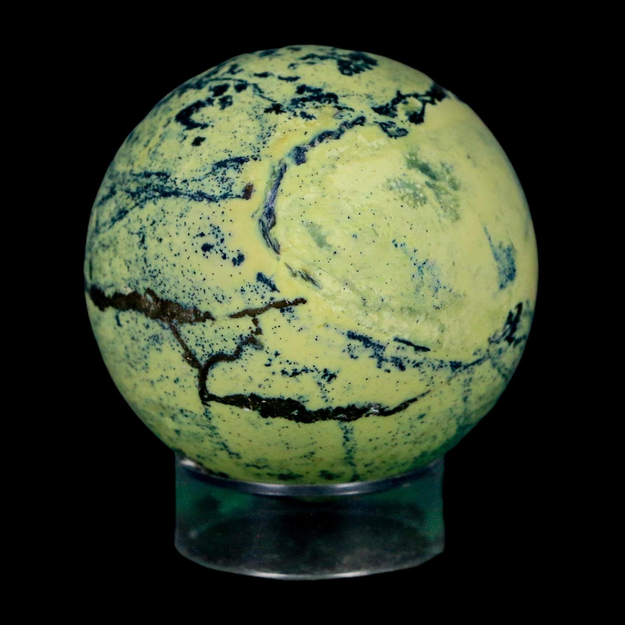 XL 52MM Natural Green & Yellow Serpentine Pyrite Sphere Ball Orb Peru Stand - Fossil Age Minerals