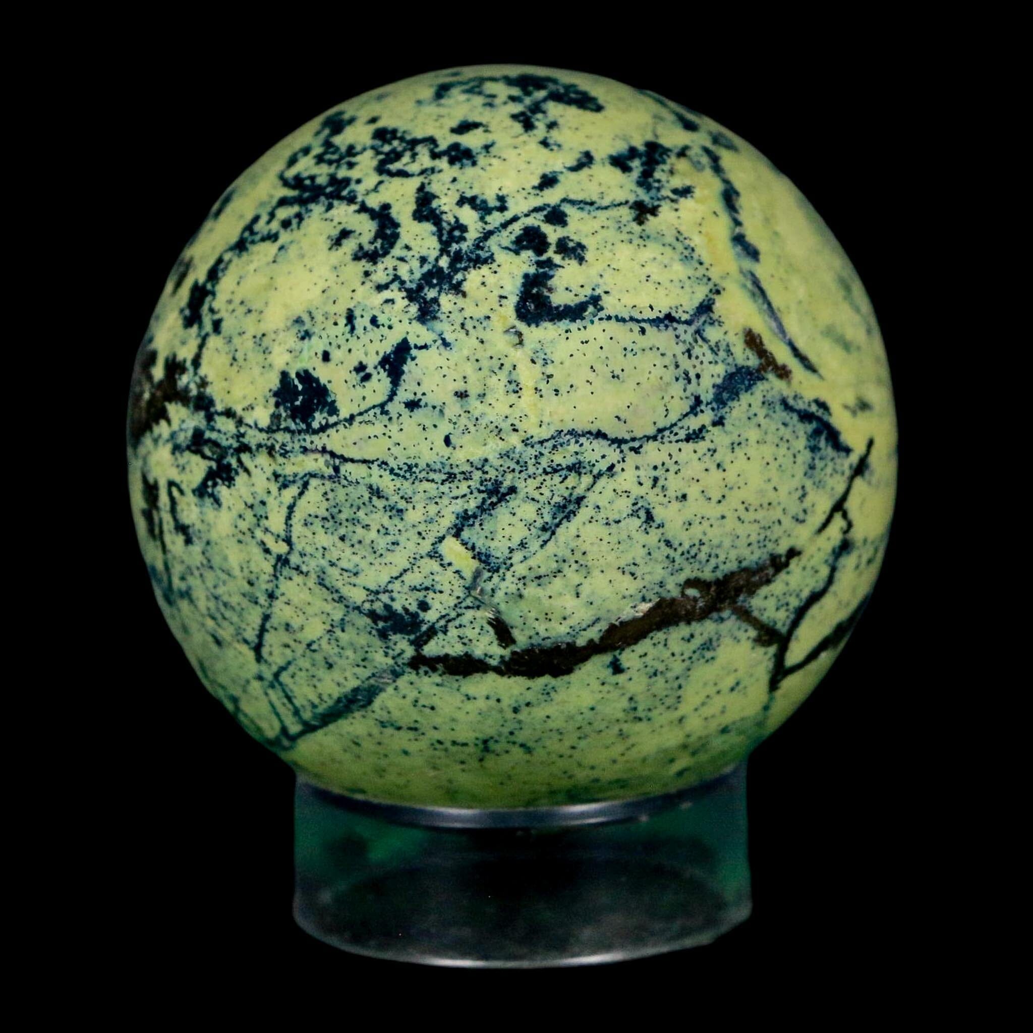 XL 52MM Natural Green & Yellow Serpentine Pyrite Sphere Ball Orb Peru Stand - Fossil Age Minerals