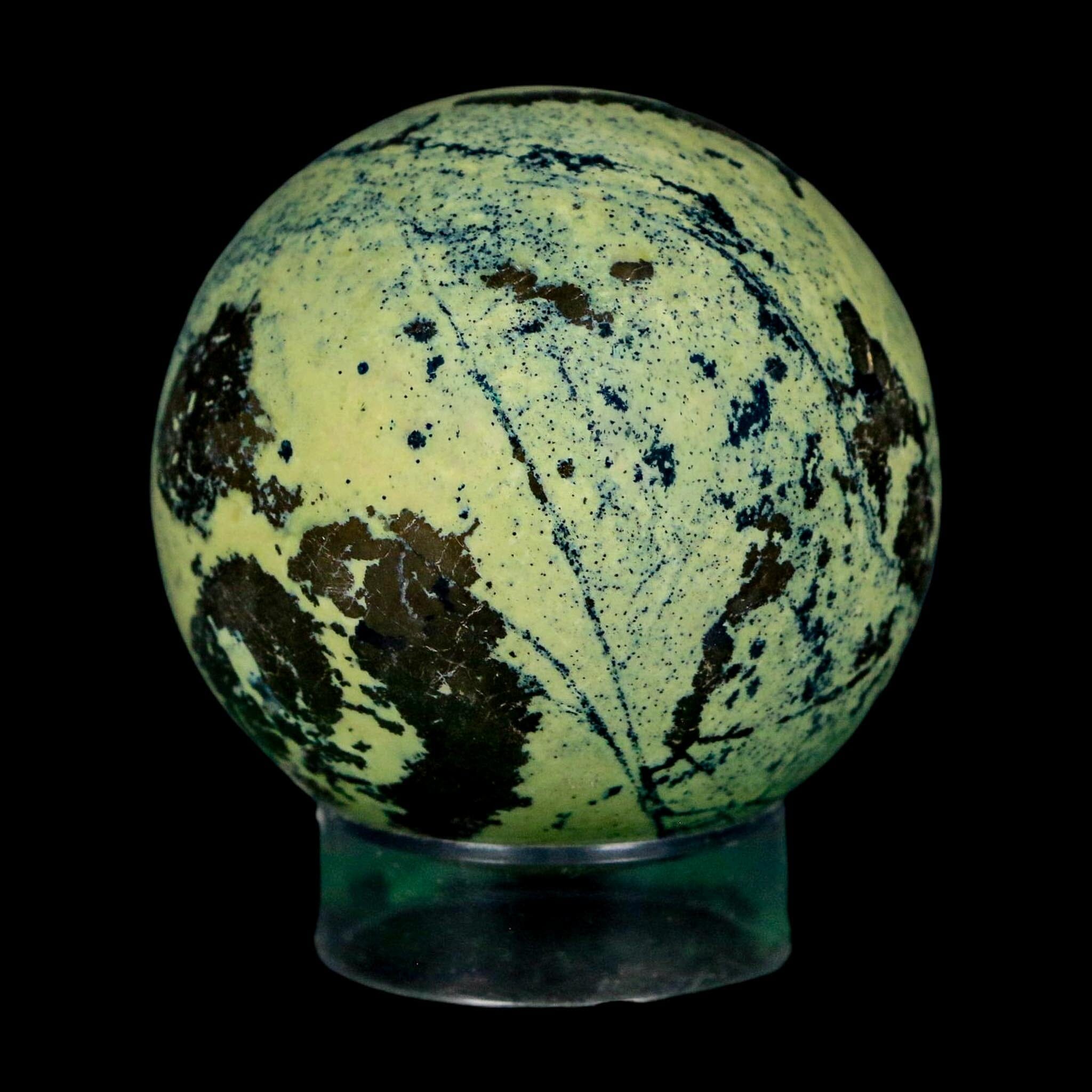 XL 52MM Natural Green & Yellow Serpentine Pyrite Sphere Ball Orb Peru Stand - Fossil Age Minerals