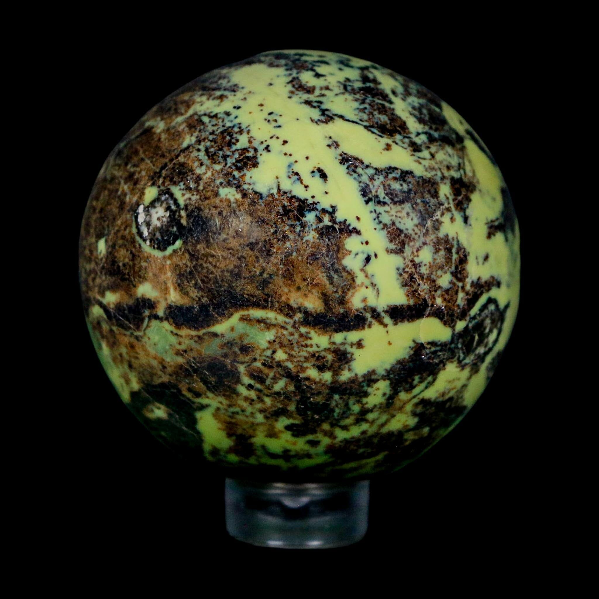 47MM Natural Green & Yellow Serpentine Pyrite Sphere Ball Orb Peru Stand - Fossil Age Minerals