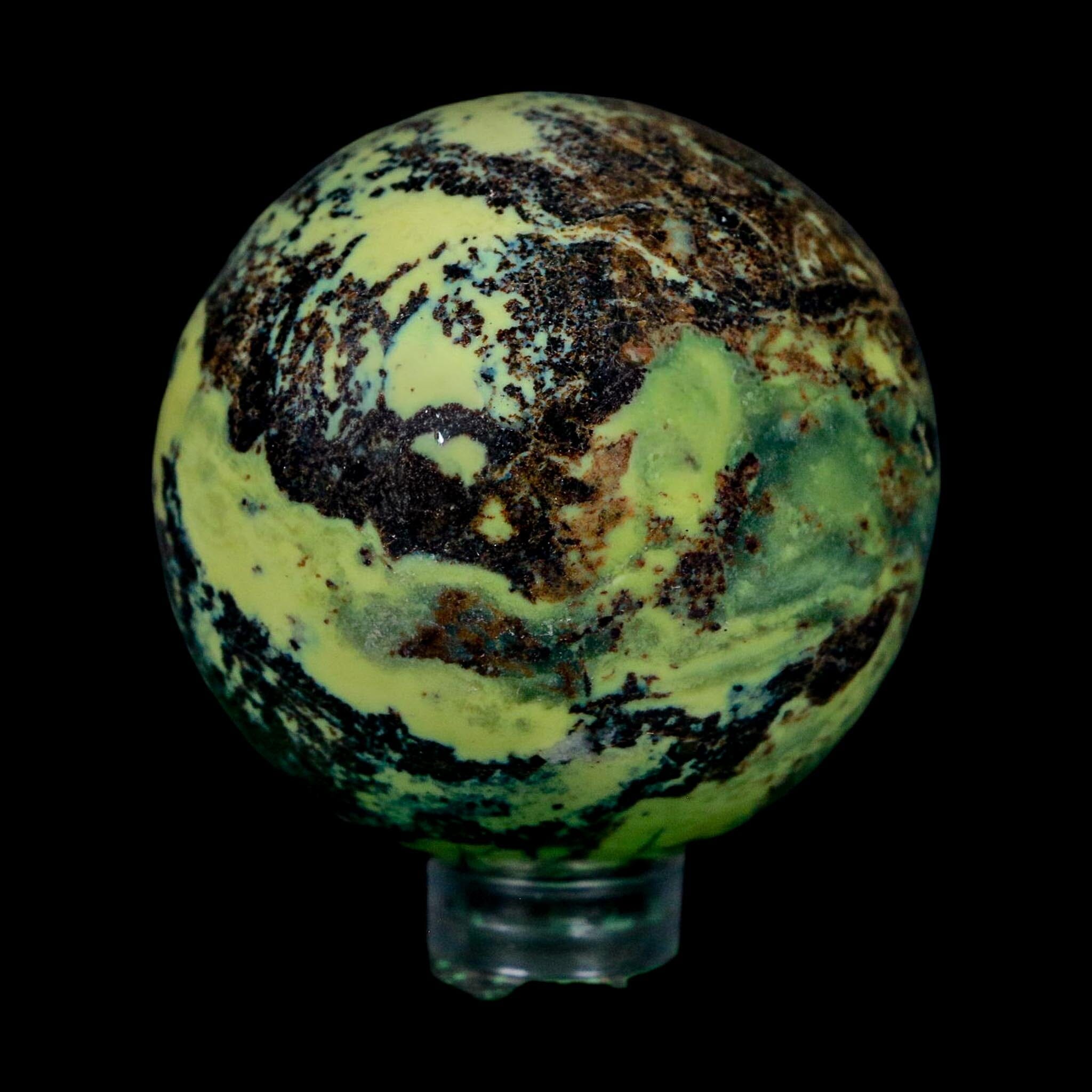 47MM Natural Green & Yellow Serpentine Pyrite Sphere Ball Orb Peru Stand - Fossil Age Minerals