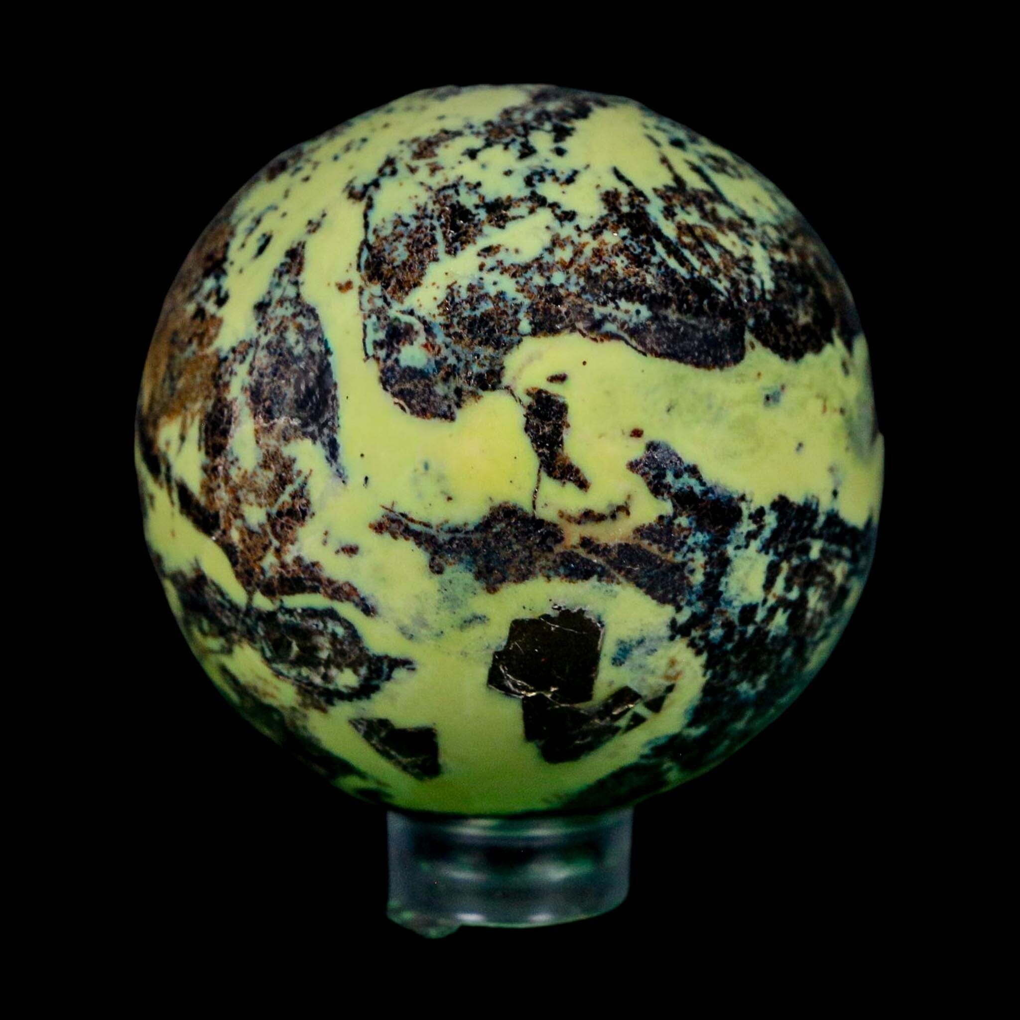 47MM Natural Green & Yellow Serpentine Pyrite Sphere Ball Orb Peru Stand - Fossil Age Minerals