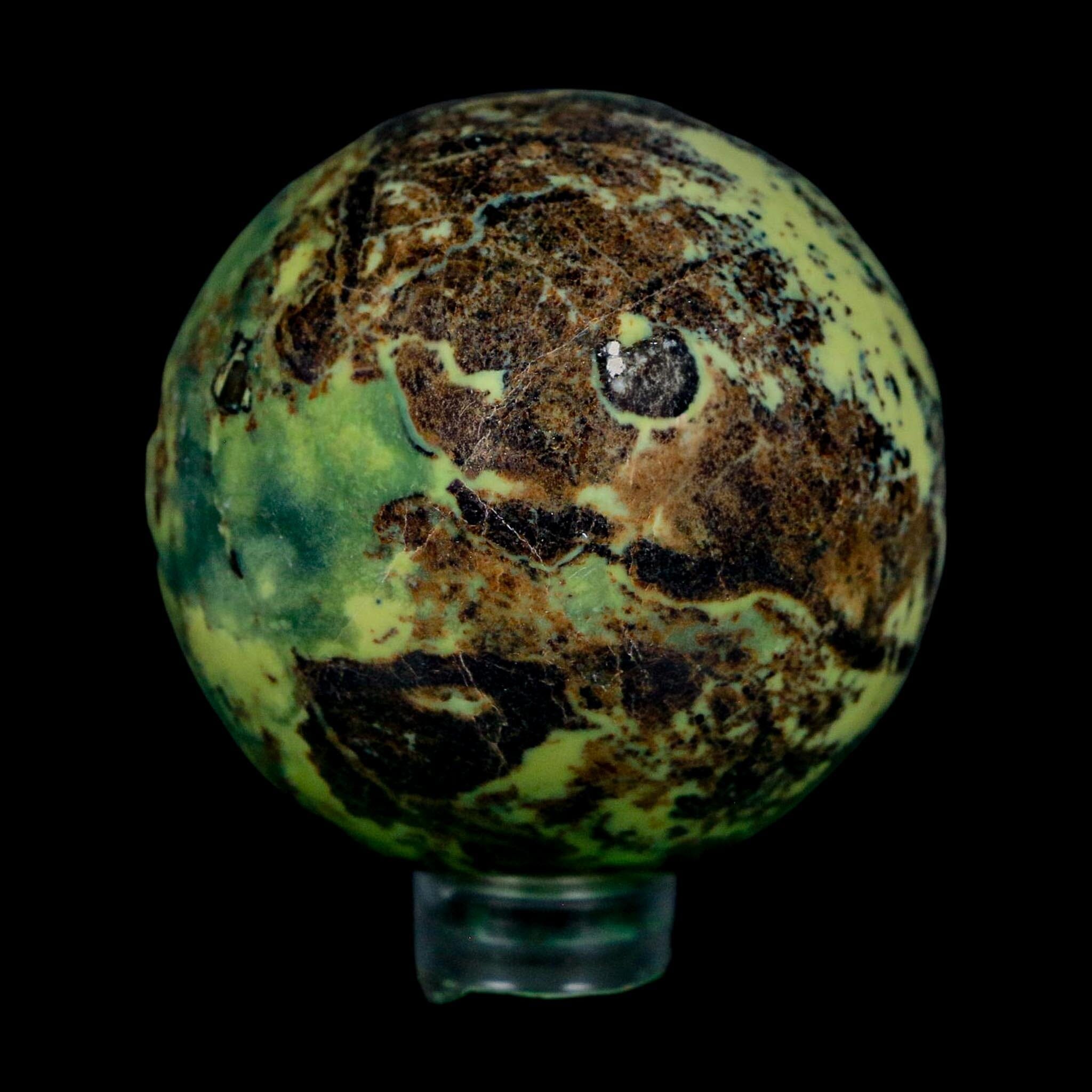 47MM Natural Green & Yellow Serpentine Pyrite Sphere Ball Orb Peru Stand - Fossil Age Minerals