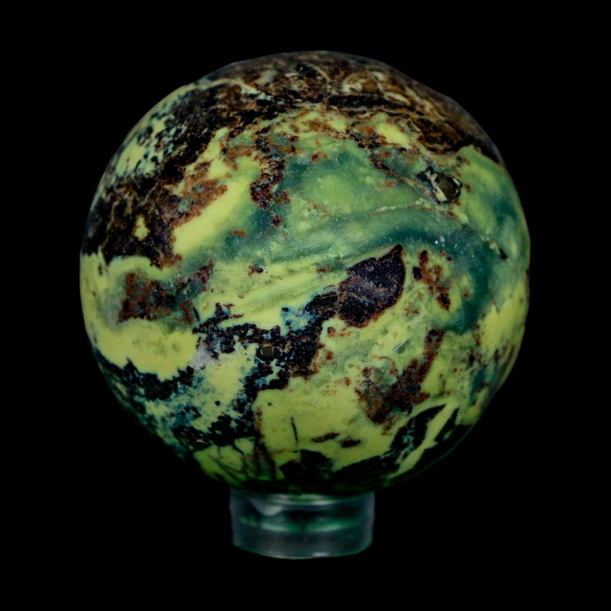 47MM Natural Green & Yellow Serpentine Pyrite Sphere Ball Orb Peru Stand - Fossil Age Minerals