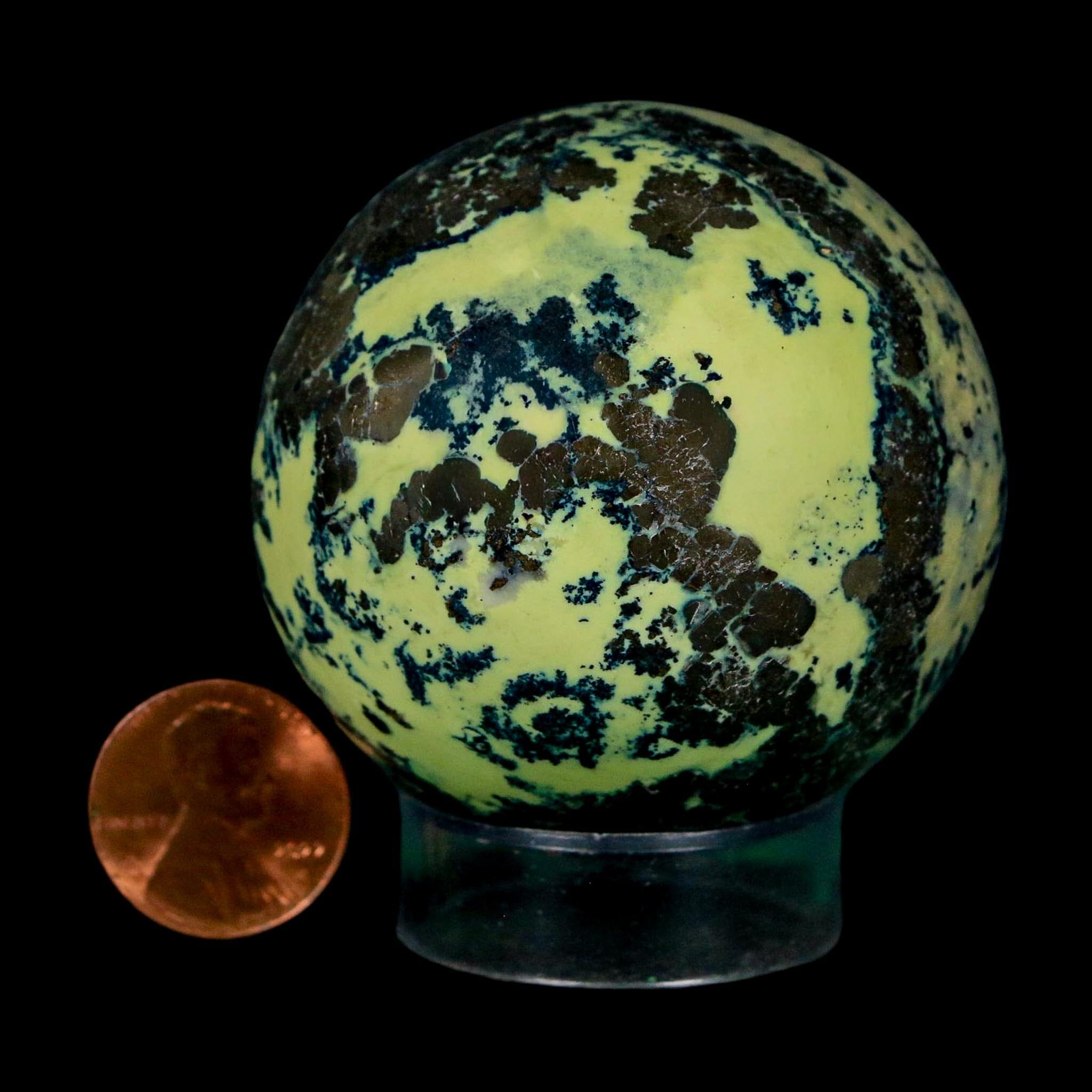 XL 52MM Natural Green & Yellow Serpentine Pyrite Sphere Ball Orb Peru Stand - Fossil Age Minerals