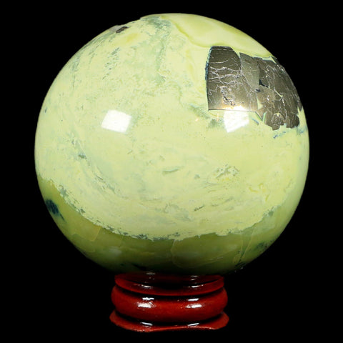 XL 66MM Natural Green & Yellow Serpentine Pyrite Sphere Ball Orb Peru Stand - Fossil Age Minerals